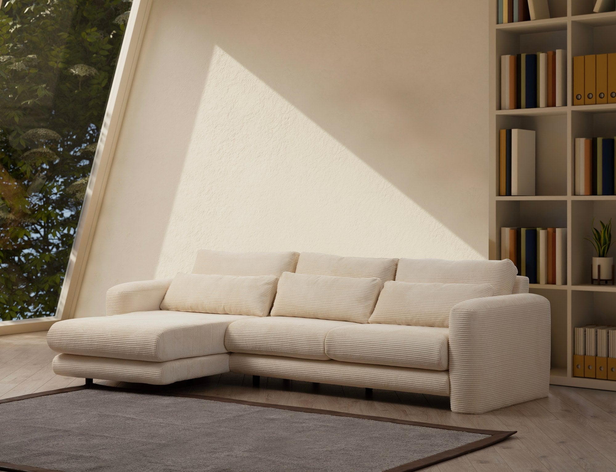 Sofá de canto elegante, bege, 290 x 165 x 73 cm | Estrutura em madeira de faia e aglomerado, 100% poliéster, espuma 28 DNS | Almofadas portáteis, tecido lavável a seco