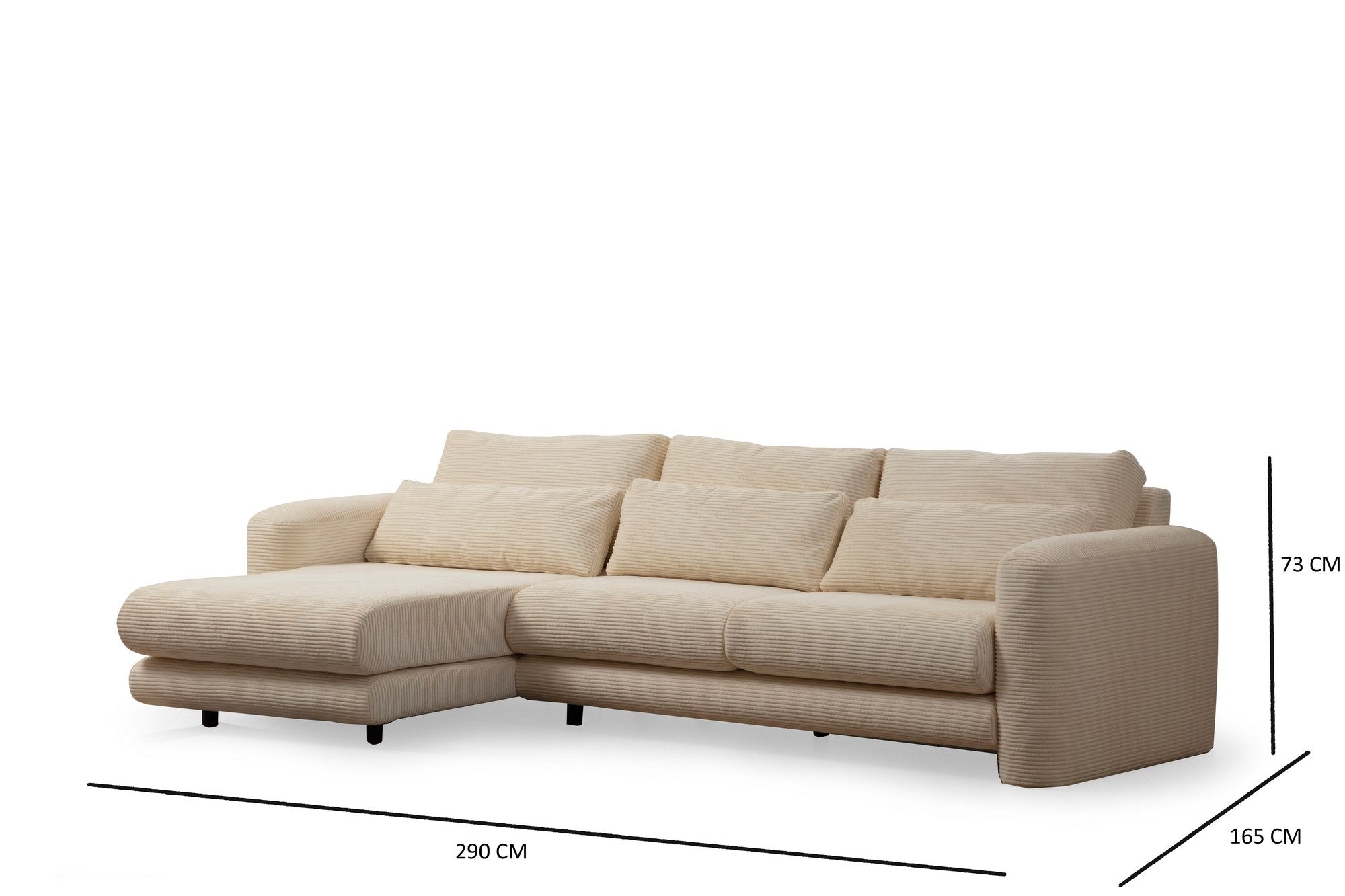 Sofá de canto elegante, bege, 290 x 165 x 73 cm | Estrutura em madeira de faia e aglomerado, 100% poliéster, espuma 28 DNS | Almofadas portáteis, tecido lavável a seco