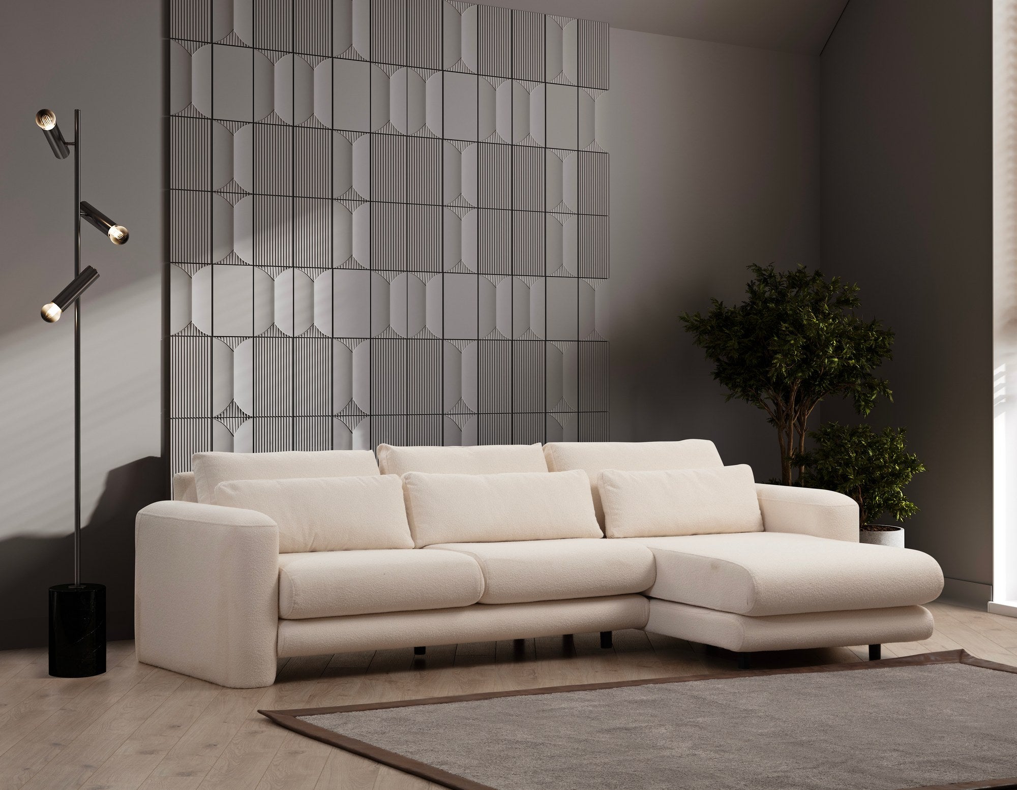 Sofá de canto elegante, cor creme, 290 x 165 x 73 cm | Estrutura em madeira de faia e aglomerado, 100% poliéster, espuma 28 DNS | Almofadas portáteis, tecido lavável a seco