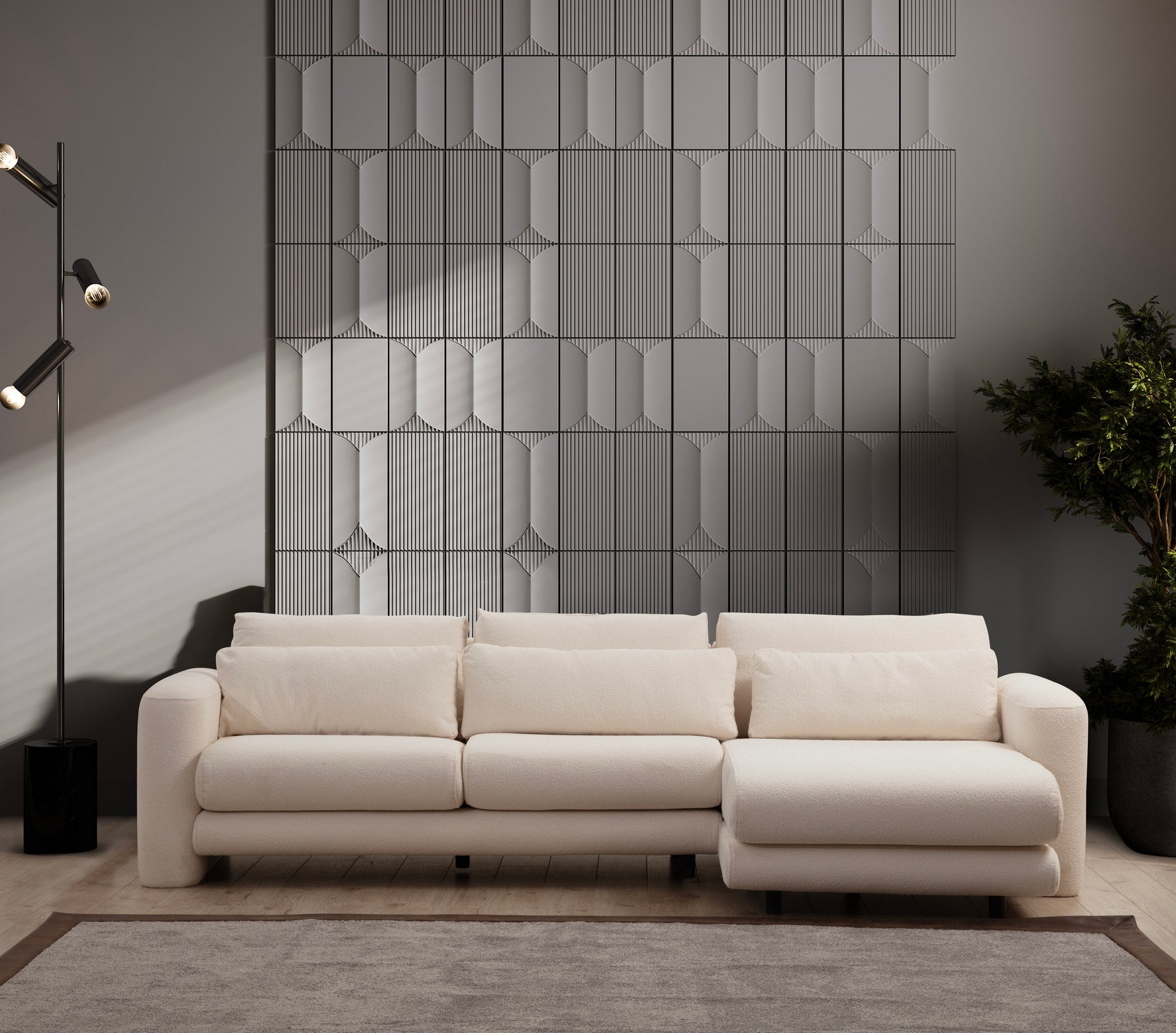 Sofá de canto elegante, cor creme, 290 x 165 x 73 cm | Estrutura em madeira de faia e aglomerado, 100% poliéster, espuma 28 DNS | Almofadas portáteis, tecido lavável a seco