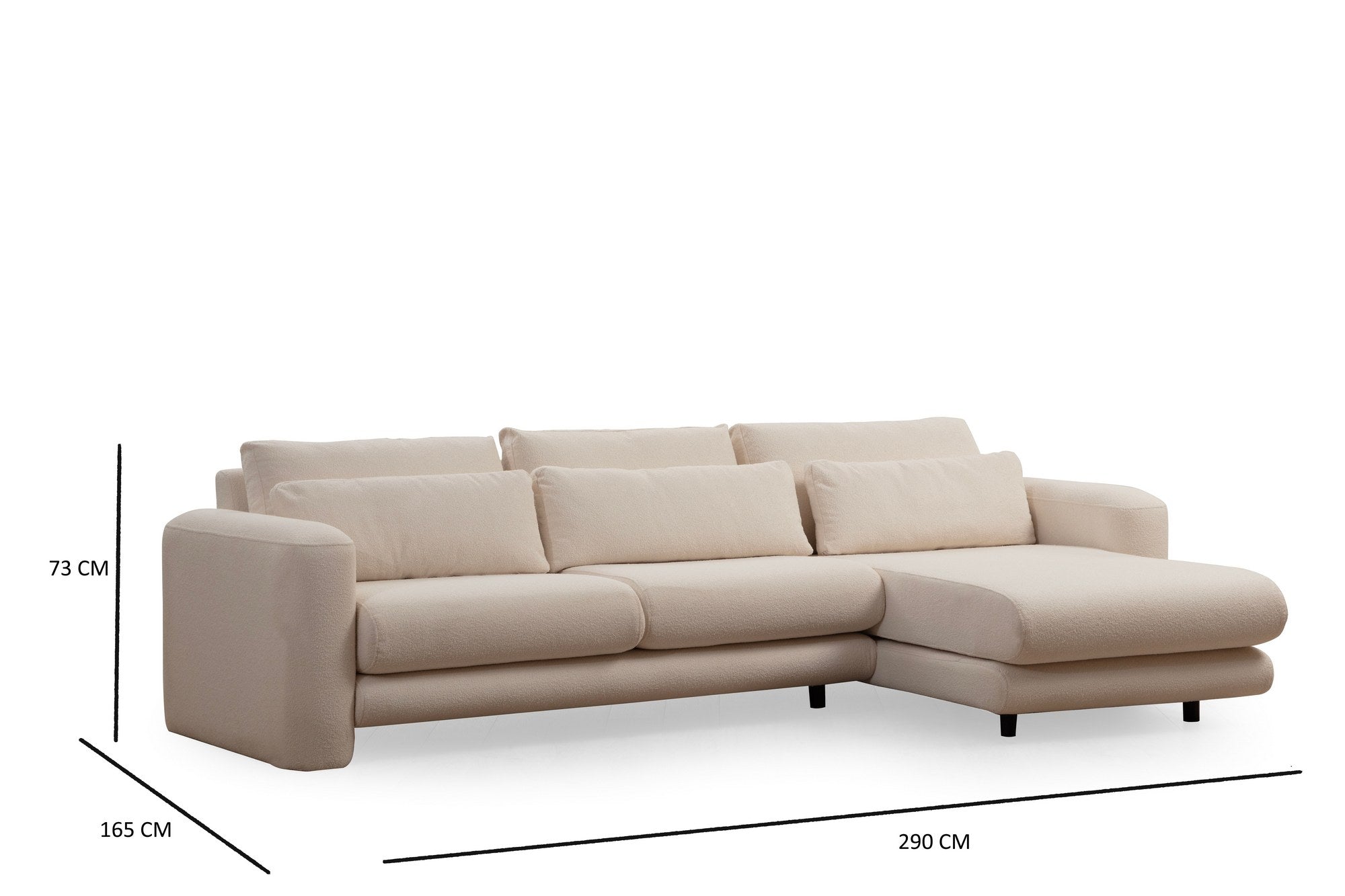 Sofá de canto elegante, cor creme, 290 x 165 x 73 cm | Estrutura em madeira de faia e aglomerado, 100% poliéster, espuma 28 DNS | Almofadas portáteis, tecido lavável a seco