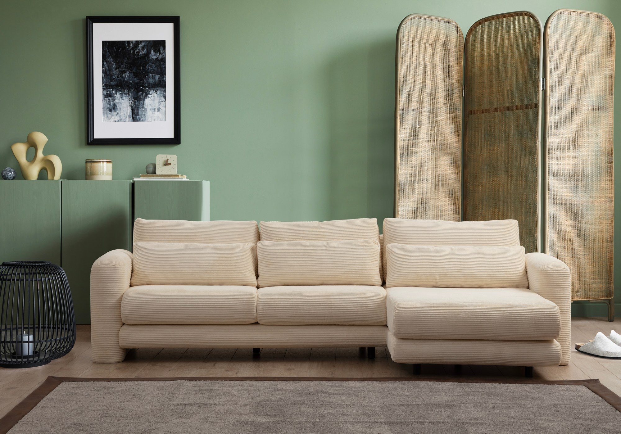 Sofá de canto elegante, bege, 290 x 165 x 73 cm | Estrutura em madeira de faia e aglomerado, 100% poliéster, espuma 28 DNS | Almofadas portáteis, tecido lavável a seco