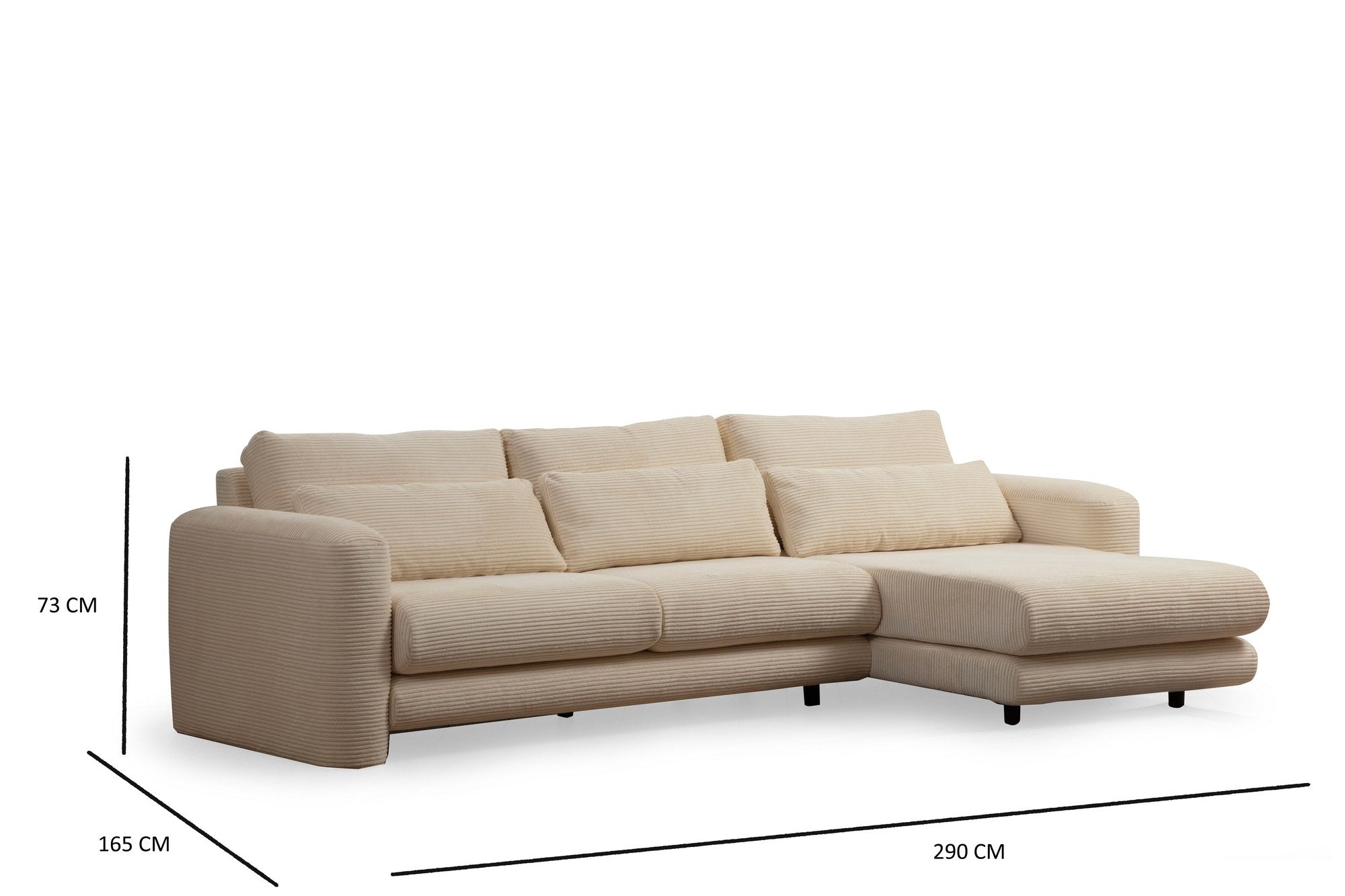 Sofá de canto elegante, bege, 290 x 165 x 73 cm | Estrutura em madeira de faia e aglomerado, 100% poliéster, espuma 28 DNS | Almofadas portáteis, tecido lavável a seco