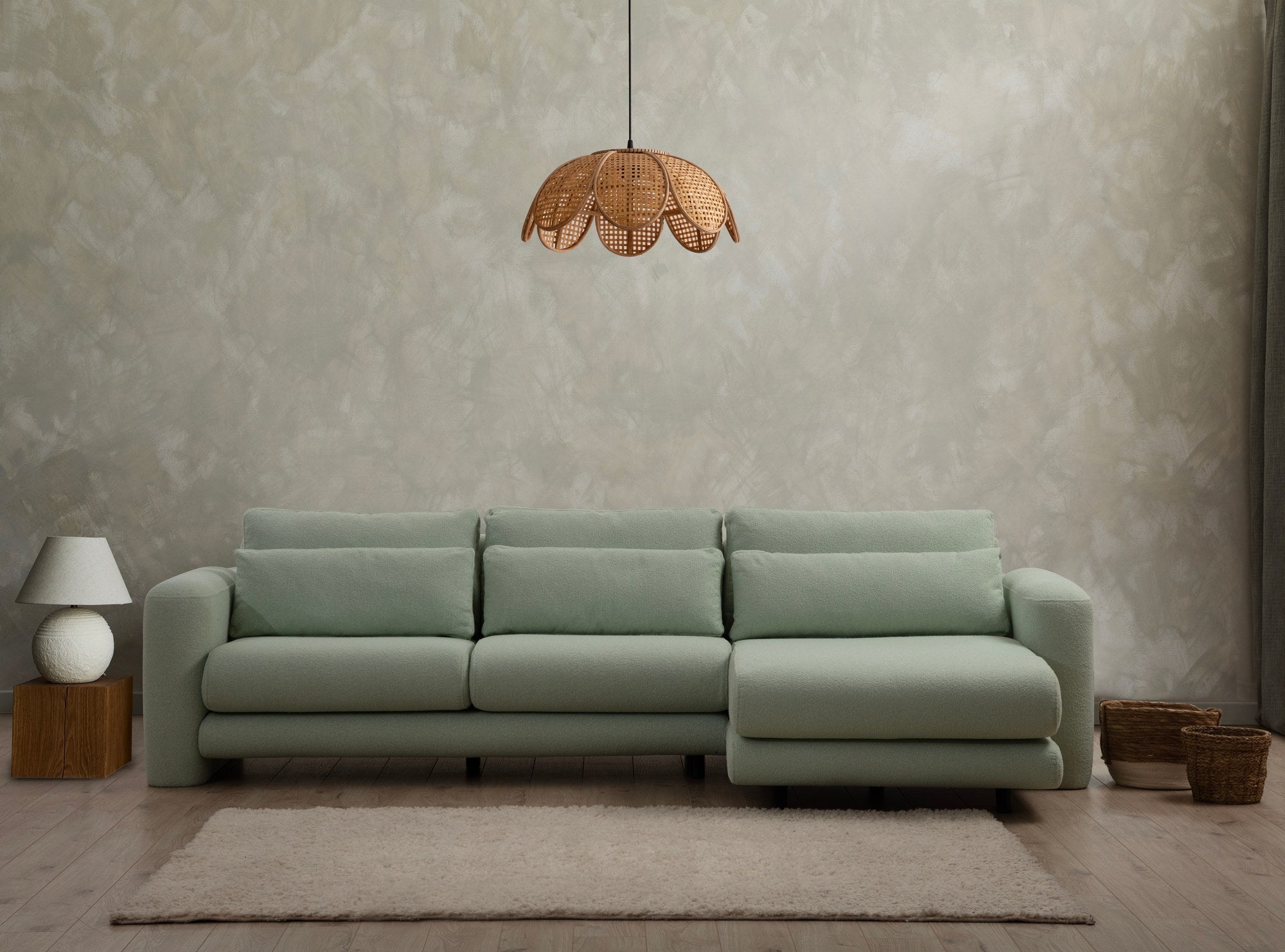 Sofá de canto elegante e verde, estrutura de madeira de faia e aglomerado, 290 x 165 x 73 cm | 100% poliéster, tecido lavável a seco, almofadas portáteis, conforto moderno