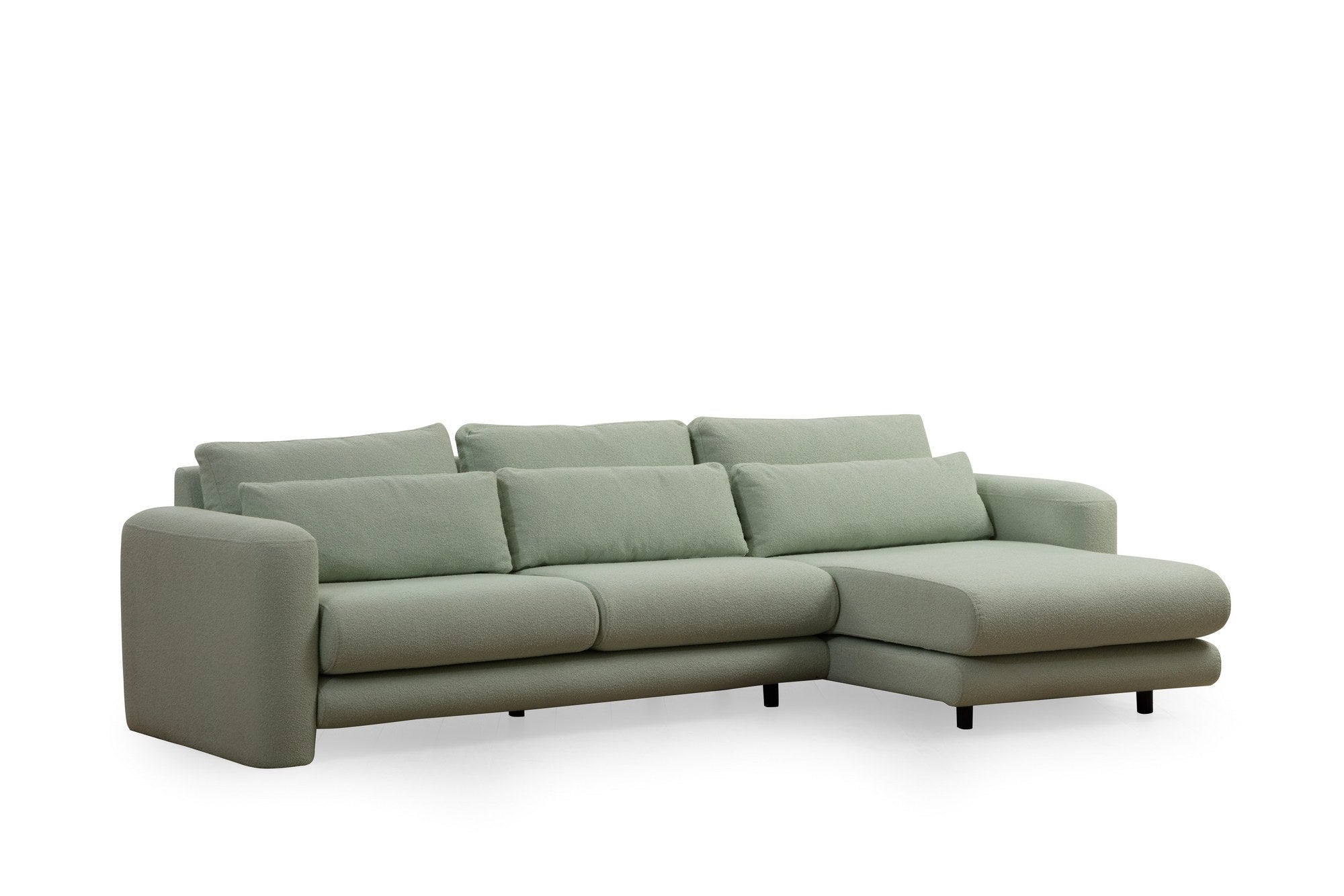Sofá de canto elegante e verde, estrutura de madeira de faia e aglomerado, 290 x 165 x 73 cm | 100% poliéster, tecido lavável a seco, almofadas portáteis, conforto moderno