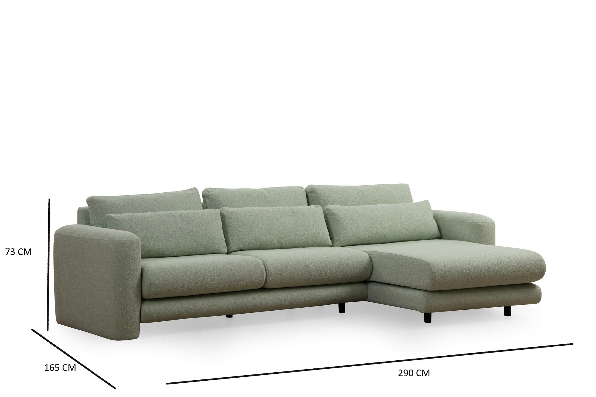 Sofá de canto elegante e verde, estrutura de madeira de faia e aglomerado, 290 x 165 x 73 cm | 100% poliéster, tecido lavável a seco, almofadas portáteis, conforto moderno