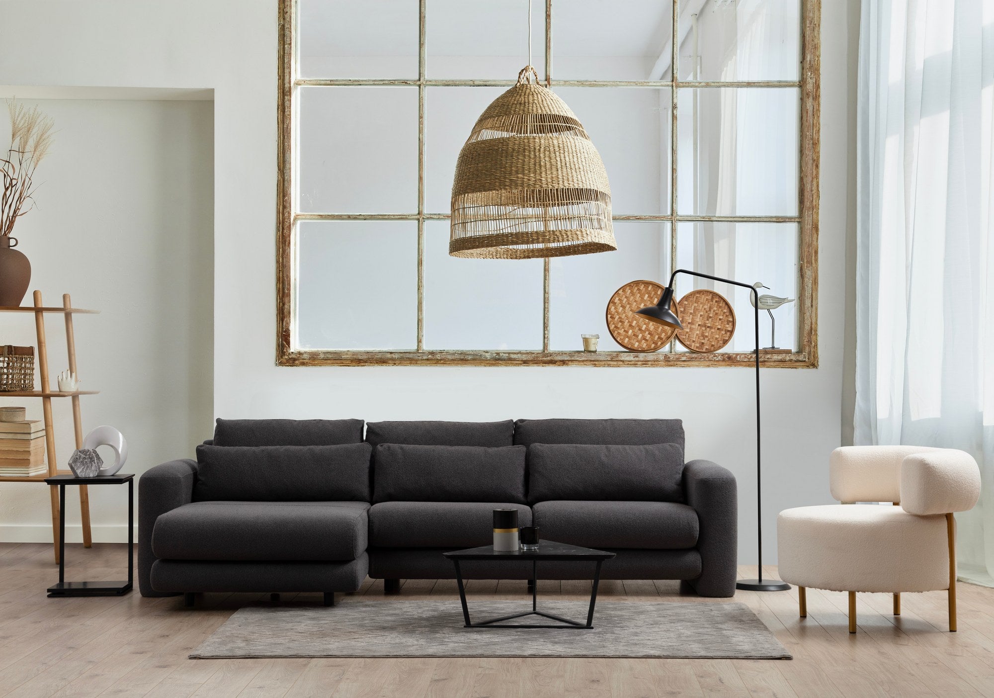 Sofá de canto elegante, cinza, 290 x 165 x 73 cm | Estrutura em madeira de faia e aglomerado, 100% poliéster, espuma 28 DNS | Almofadas portáteis, tecido lavável a seco