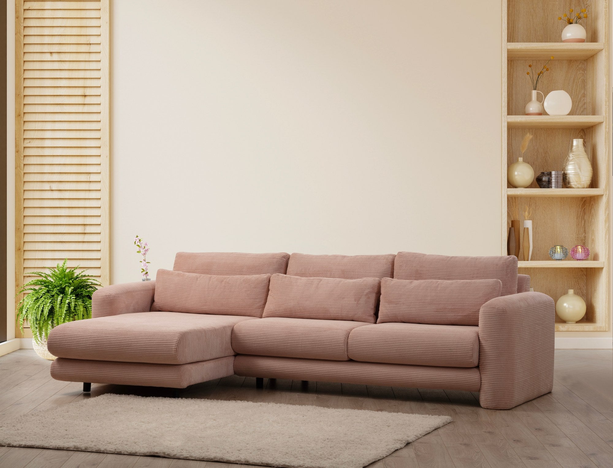 Sofá de canto rosa elegante, estrutura de madeira de faia e aglomerado, 290 x 165 x 73 cm | 100% poliéster, tecido lavável a seco, almofadas portáteis, design moderno