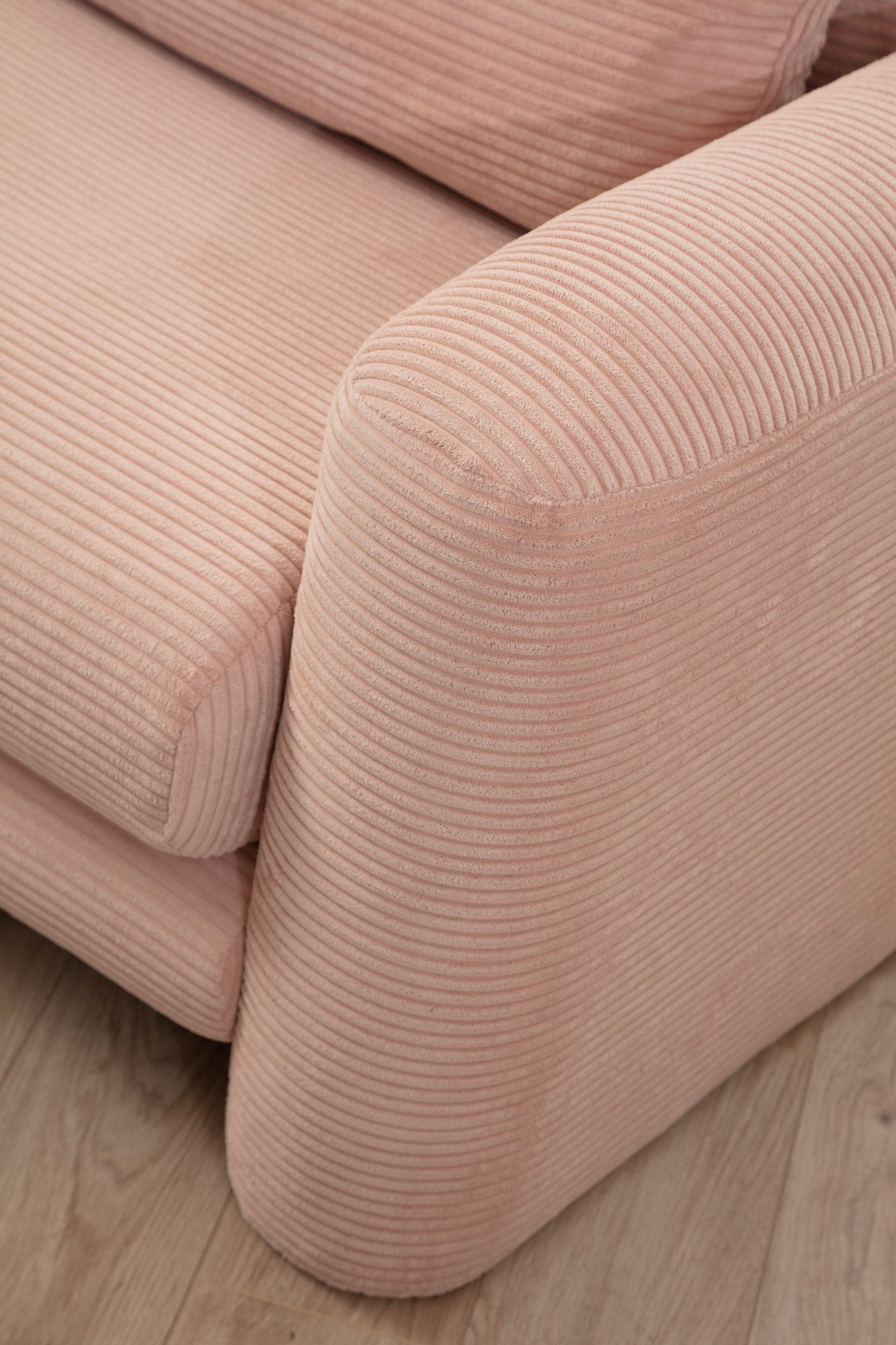 Sofá de canto rosa elegante, estrutura de madeira de faia e aglomerado, 290 x 165 x 73 cm | 100% poliéster, tecido lavável a seco, almofadas portáteis, design moderno