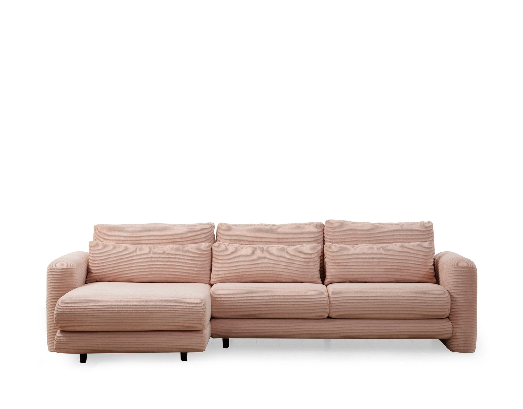 Sofá de canto rosa elegante, estrutura de madeira de faia e aglomerado, 290 x 165 x 73 cm | 100% poliéster, tecido lavável a seco, almofadas portáteis, design moderno