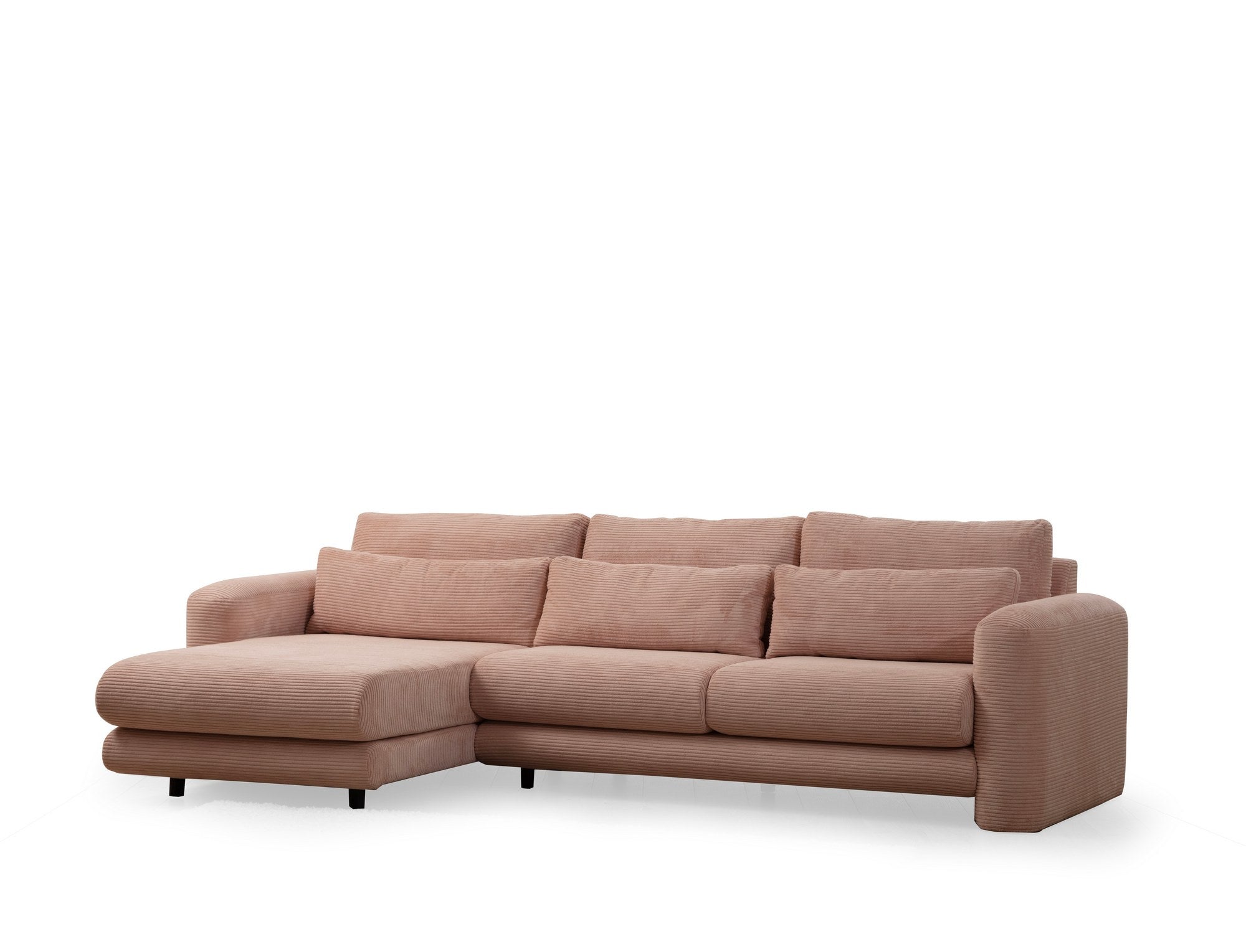 Sofá de canto rosa elegante, estrutura de madeira de faia e aglomerado, 290 x 165 x 73 cm | 100% poliéster, tecido lavável a seco, almofadas portáteis, design moderno