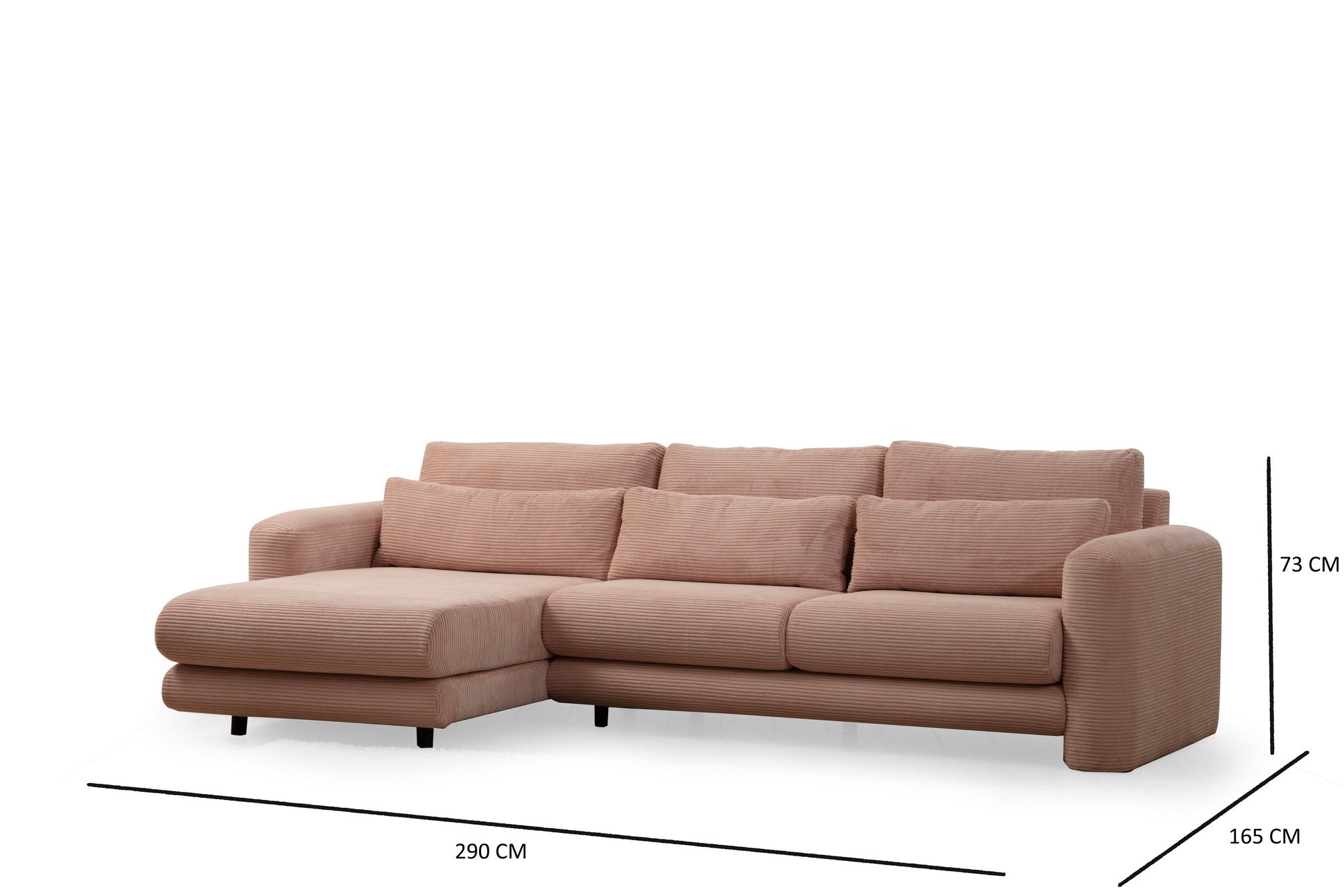 Sofá de canto rosa elegante, estrutura de madeira de faia e aglomerado, 290 x 165 x 73 cm | 100% poliéster, tecido lavável a seco, almofadas portáteis, design moderno