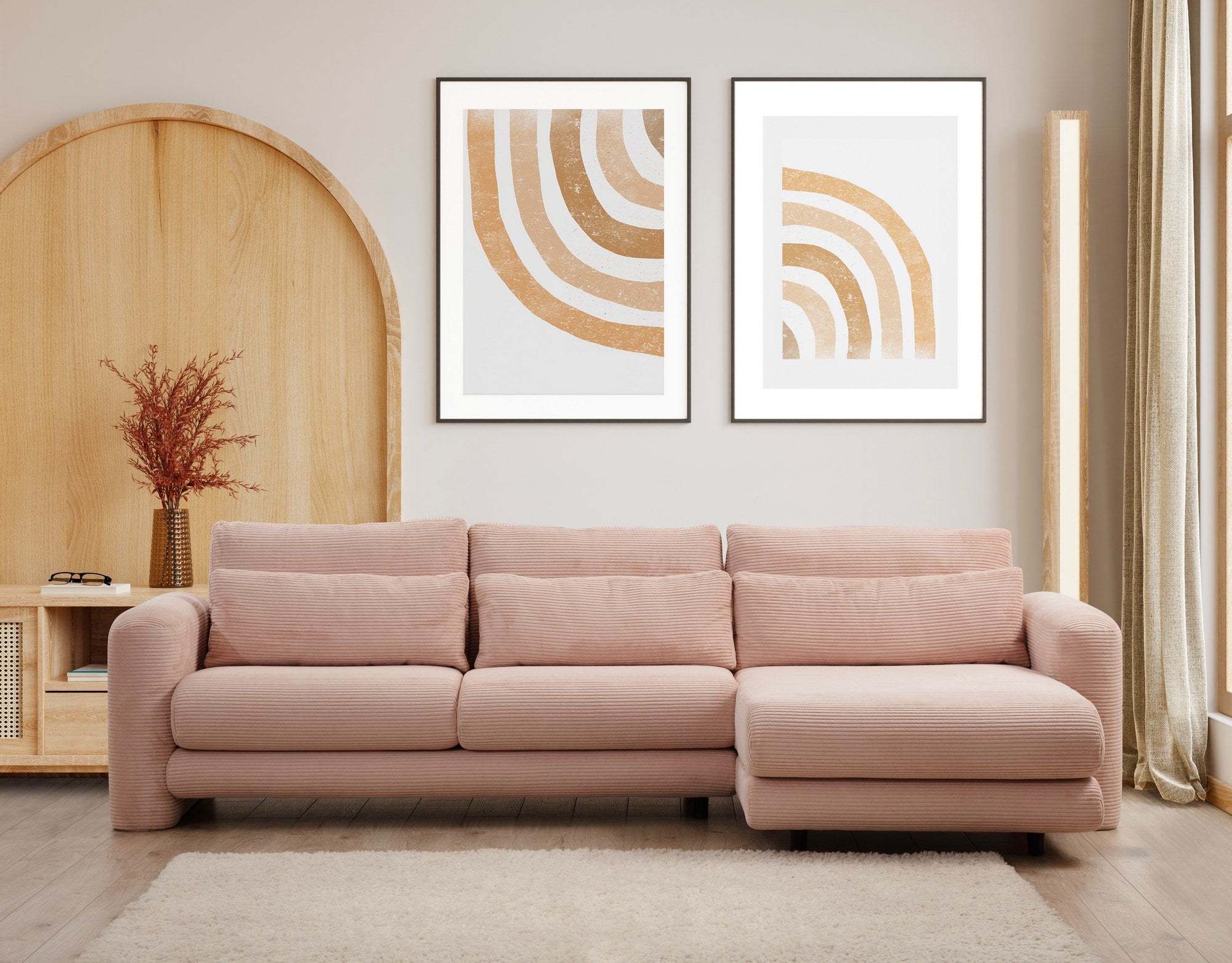 Sofá de canto rosa elegante, estrutura de madeira de faia e aglomerado, 290 x 165 x 73 cm | 100% poliéster, tecido lavável a seco, almofadas portáteis, design moderno
