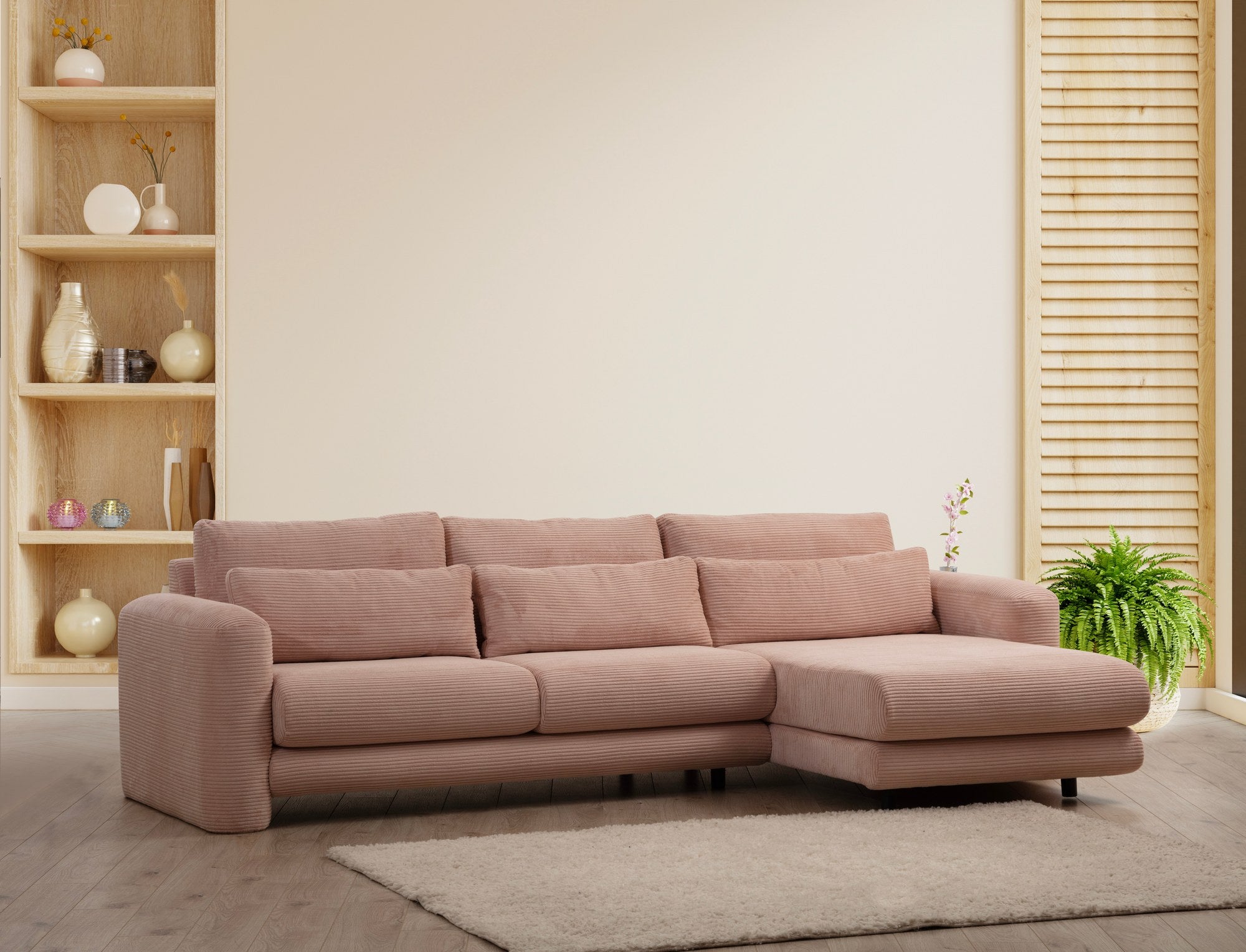 Sofá de canto rosa elegante, estrutura de madeira de faia e aglomerado, 290 x 165 x 73 cm | 100% poliéster, tecido lavável a seco, almofadas portáteis, design moderno