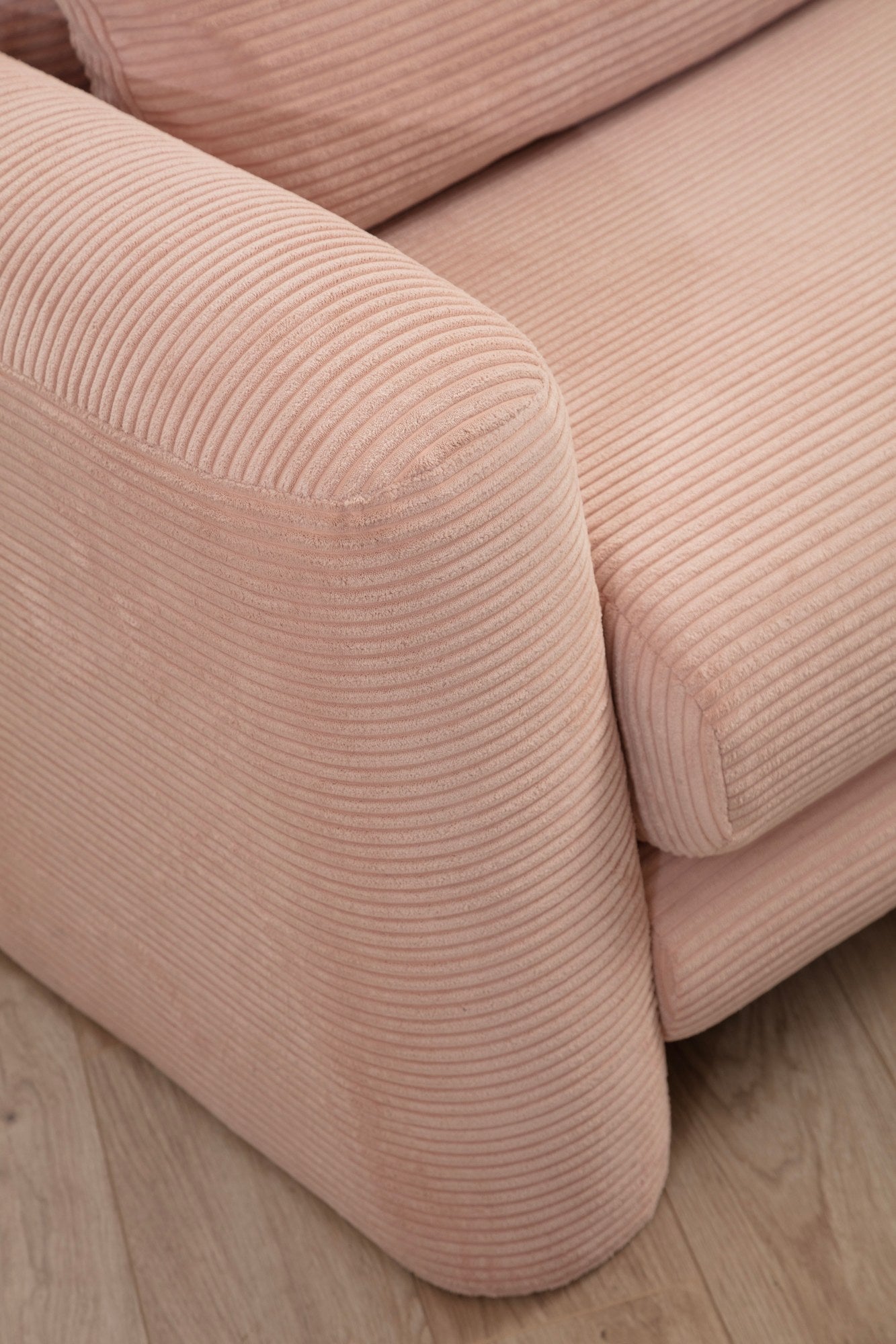 Sofá de canto rosa elegante, estrutura de madeira de faia e aglomerado, 290 x 165 x 73 cm | 100% poliéster, tecido lavável a seco, almofadas portáteis, design moderno