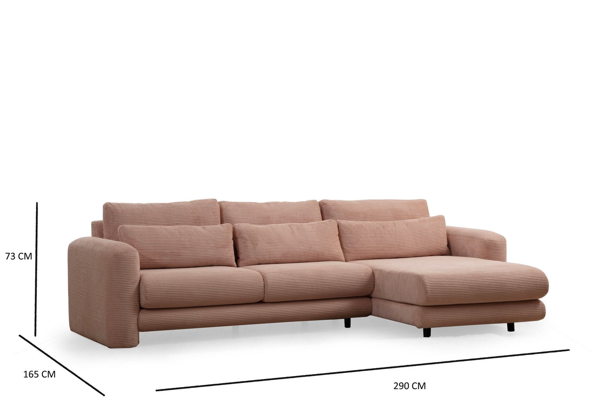 Sofá de canto rosa elegante, estrutura de madeira de faia e aglomerado, 290 x 165 x 73 cm | 100% poliéster, tecido lavável a seco, almofadas portáteis, design moderno