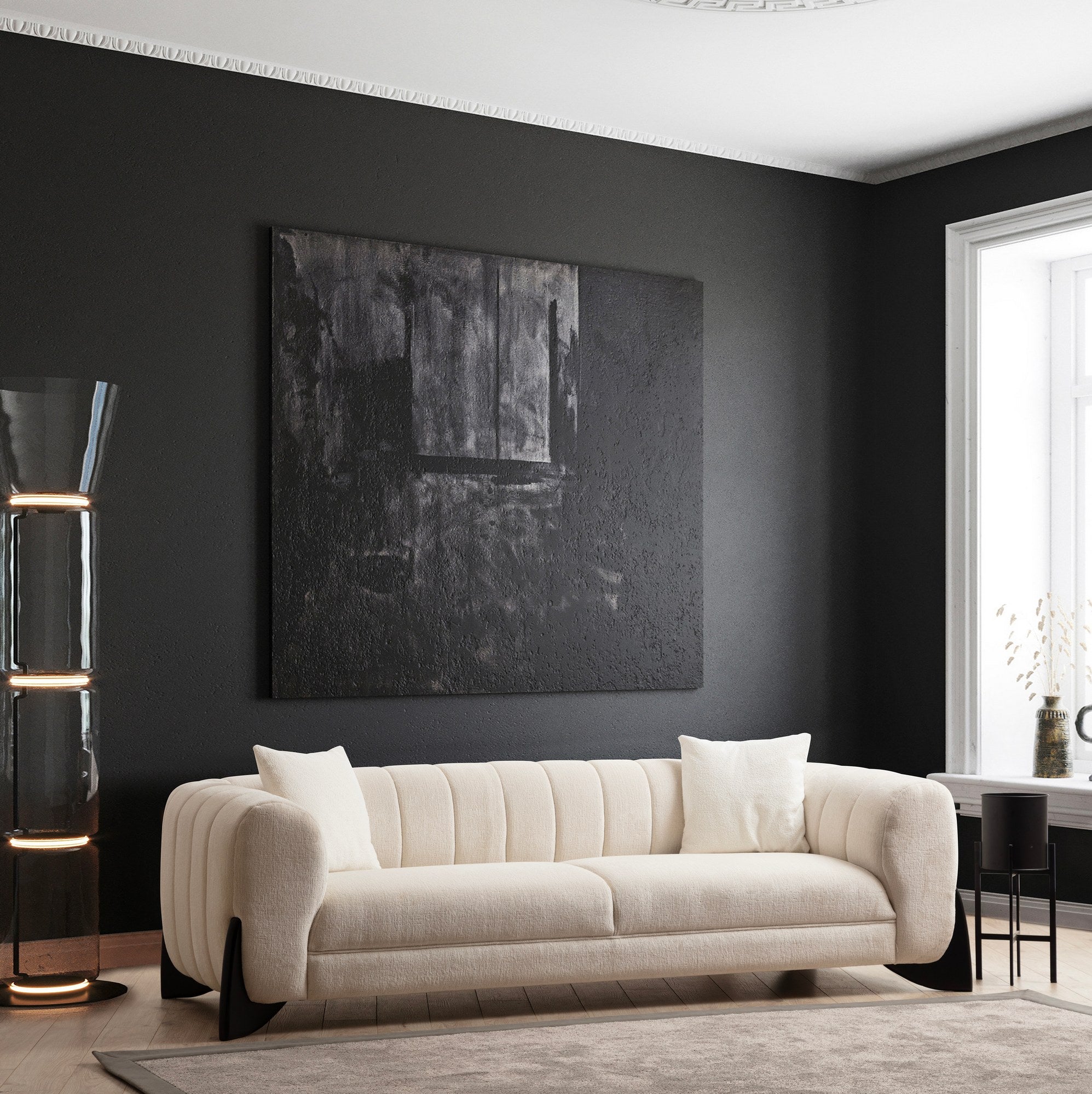 Sofá elegante de 3 lugares, branco, 248 x 100 x 70 cm | Estrutura em madeira de faia e aglomerado, 100% poliéster, tecido lavável a seco | Almofadas de espuma macia para máximo conforto