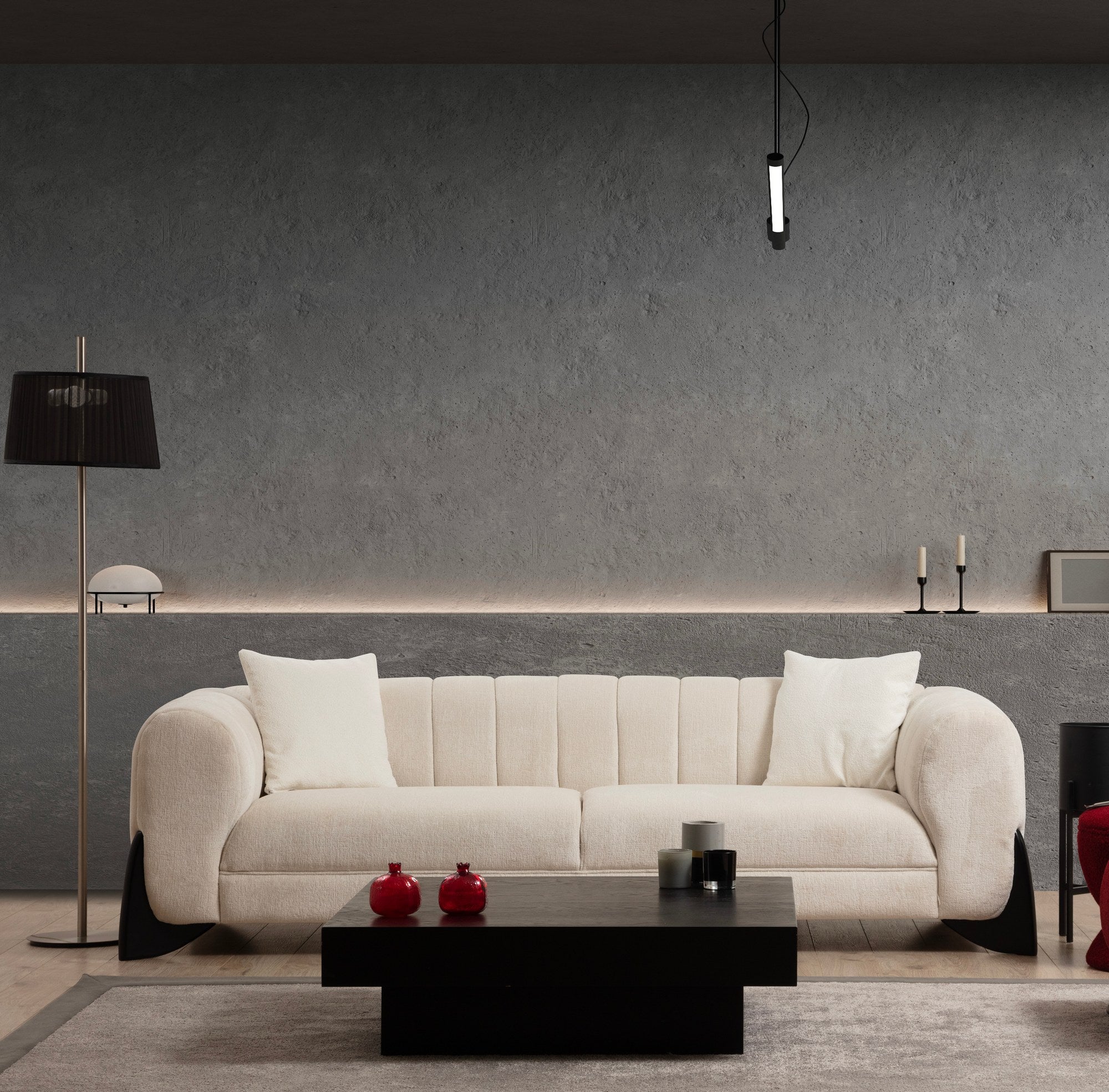 Sofá elegante de 3 lugares, branco, 248 x 100 x 70 cm | Estrutura em madeira de faia e aglomerado, 100% poliéster, tecido lavável a seco | Almofadas de espuma macia para máximo conforto