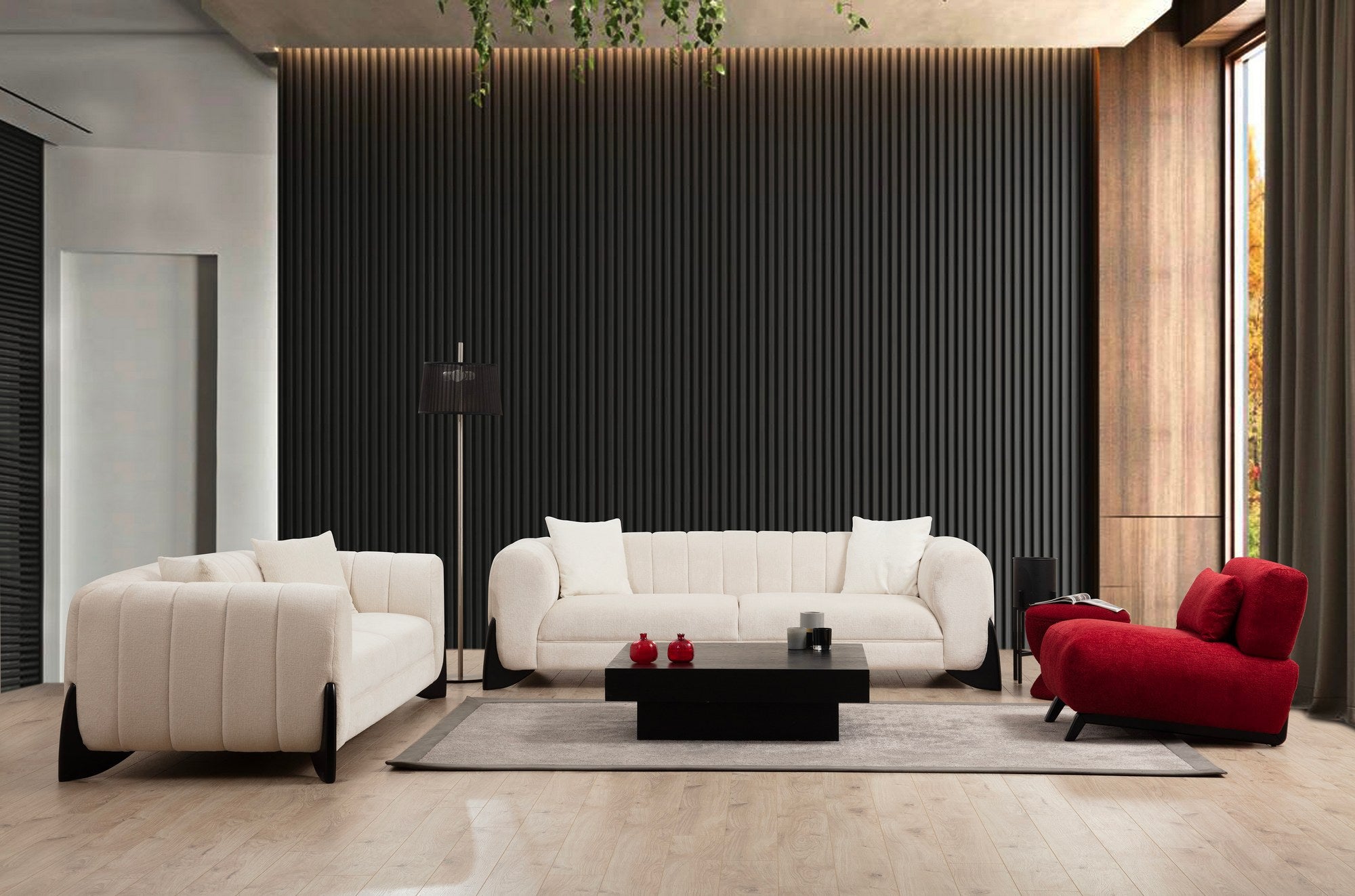 Sofá elegante de 3 lugares, branco, 248 x 100 x 70 cm | Estrutura em madeira de faia e aglomerado, 100% poliéster, tecido lavável a seco | Almofadas de espuma macia para máximo conforto
