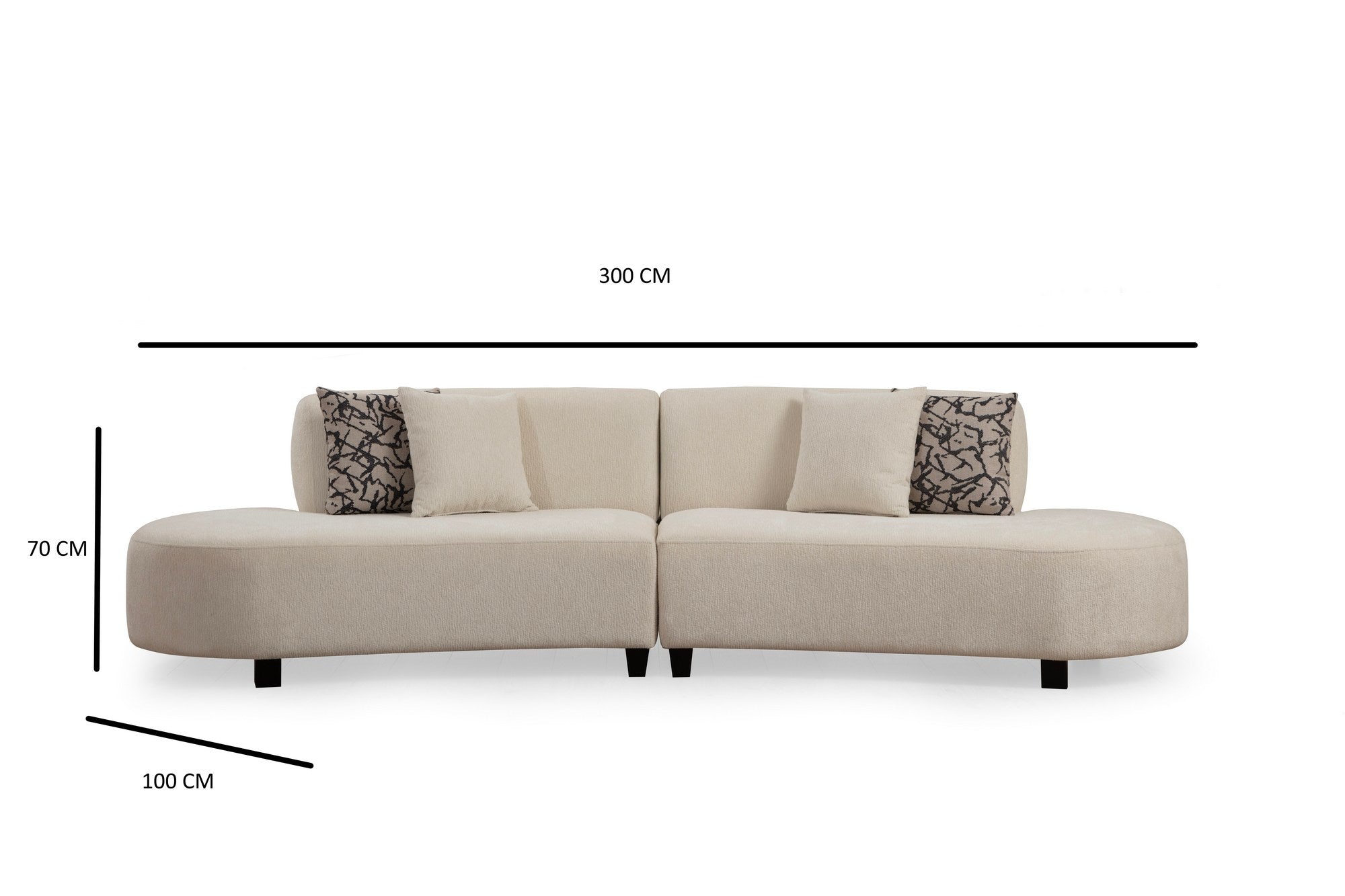 Sofá de canto elegante em formato de U, cor creme, 300 x 100 x 70 cm | Estrutura em madeira de faia, 100% poliéster, espuma 28 DNS | Inclui 2 almofadas, tecido lavável a seco