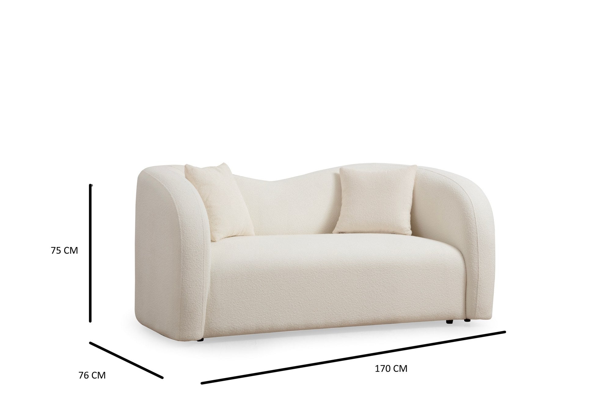 Sofá elegante de 2 lugares, cor creme, 170 x 76 x 75 cm | Estrutura em madeira de faia e aglomerado, 100% poliéster, inclui 2 almofadas | Design confortável e elegante