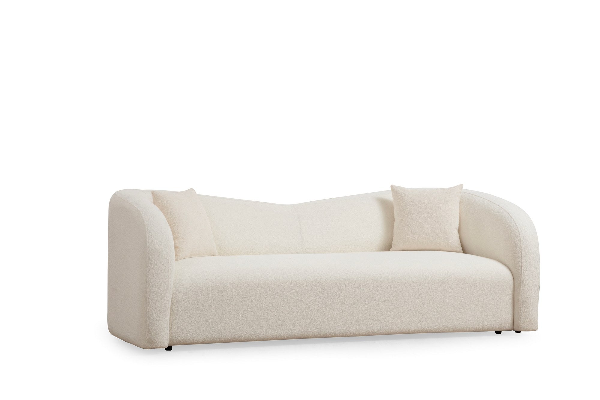 Sofá elegante de 3 lugares, cor creme, 225 x 76 x 75 cm | Estrutura em madeira de faia e aglomerado, 100% poliéster, espuma 28 DNS | Inclui 2 almofadas, tecido lavável a seco