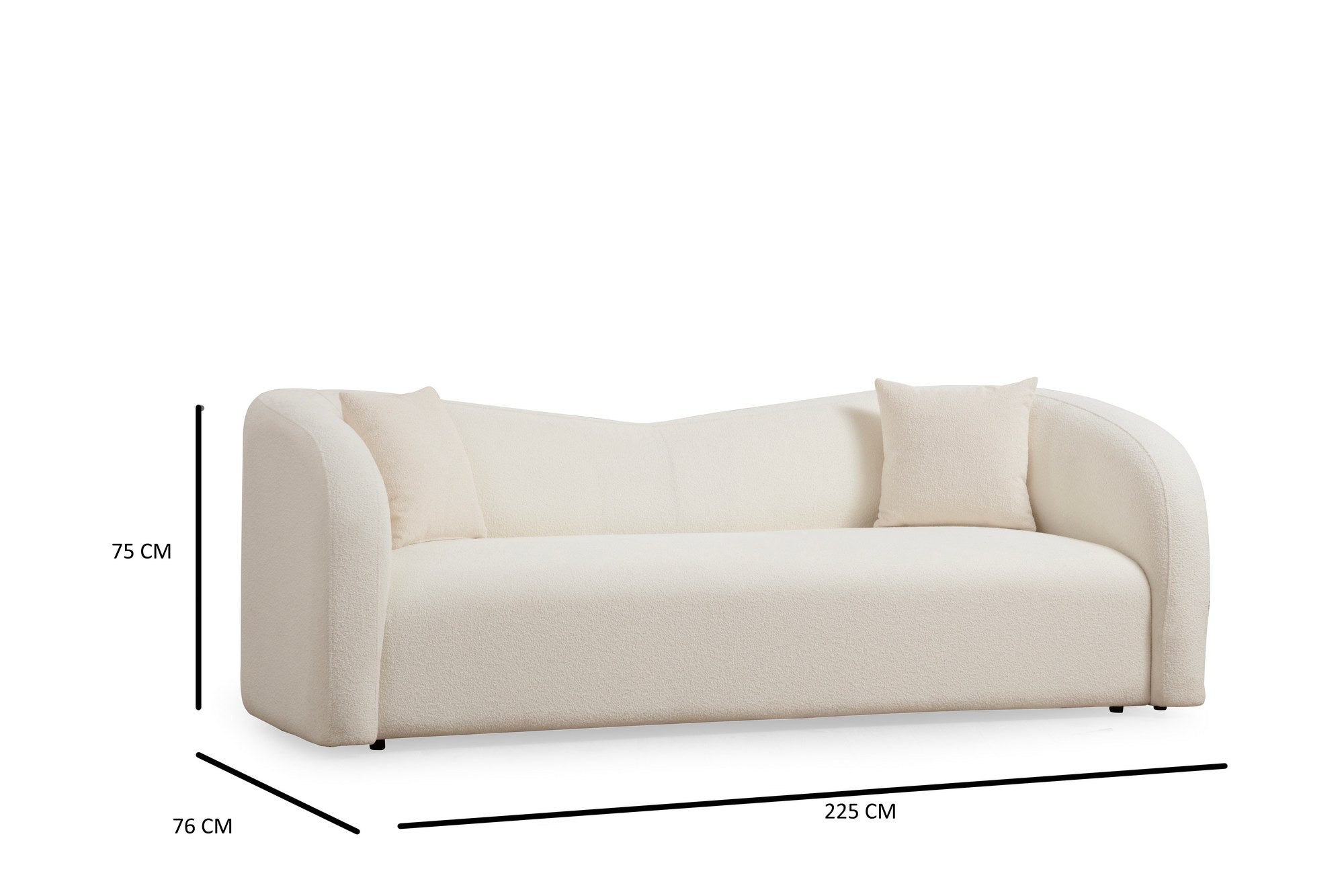 Sofá elegante de 3 lugares, cor creme, 225 x 76 x 75 cm | Estrutura em madeira de faia e aglomerado, 100% poliéster, espuma 28 DNS | Inclui 2 almofadas, tecido lavável a seco