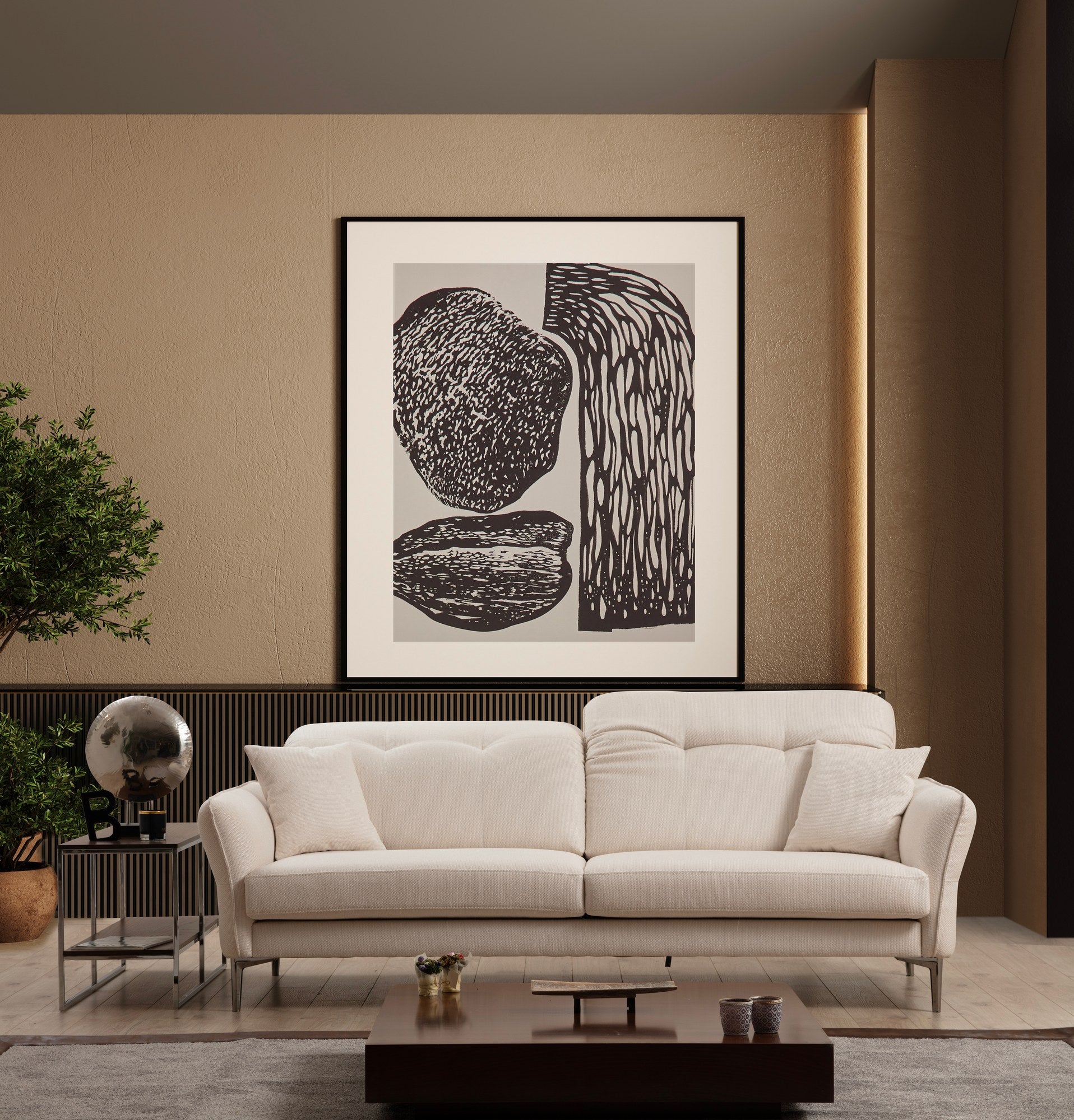 Sofá elegante de 3 lugares, branco, 230 x 100 x 96 cm | Estrutura em madeira de faia e aglomerado, 100% poliéster, almofadas ajustáveis, pés cromados | Perfeito para salas de estar modernas