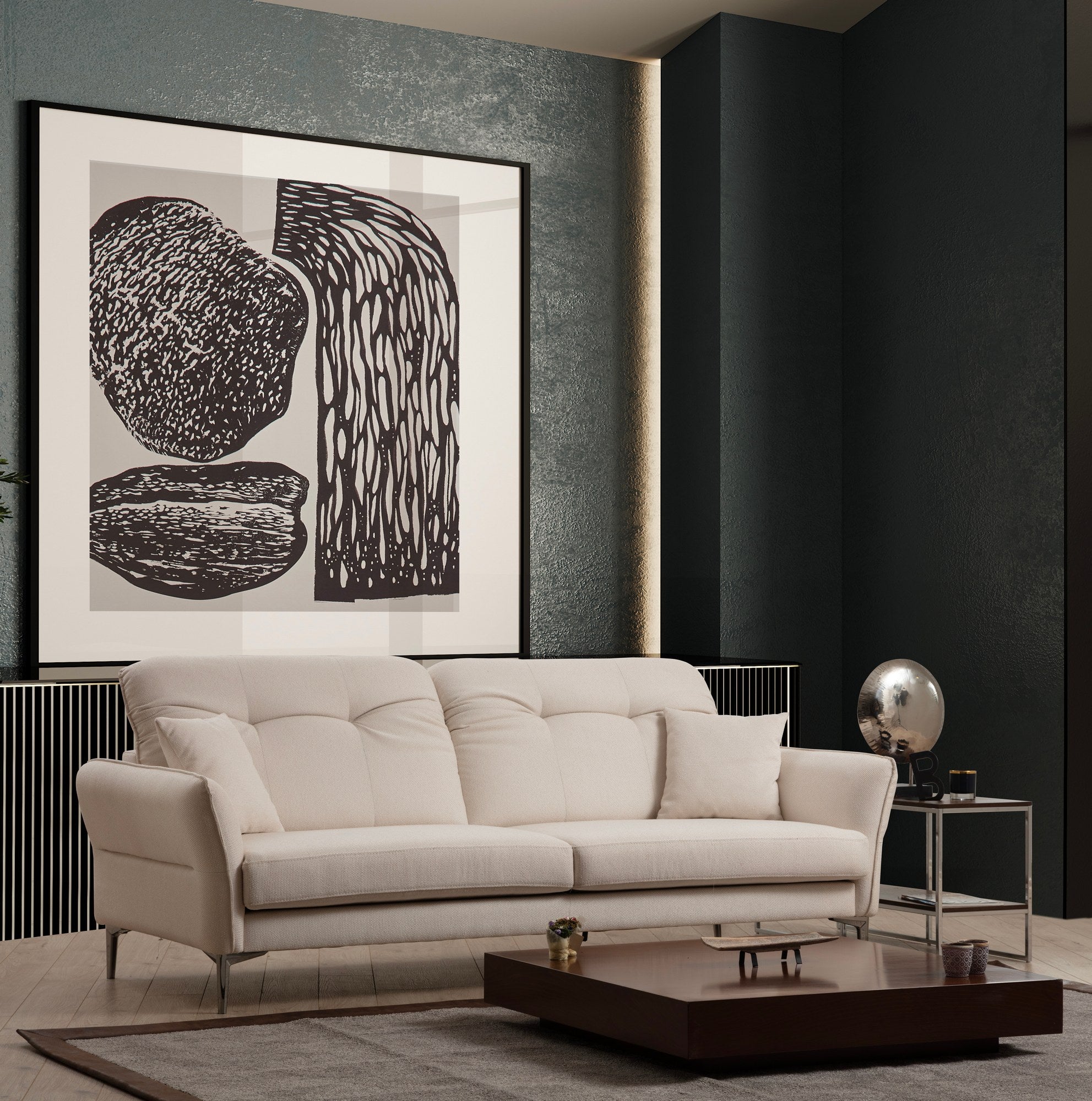 Sofá elegante de 3 lugares, branco, 230 x 100 x 96 cm | Estrutura em madeira de faia e aglomerado, 100% poliéster, almofadas ajustáveis, pés cromados | Perfeito para salas de estar modernas