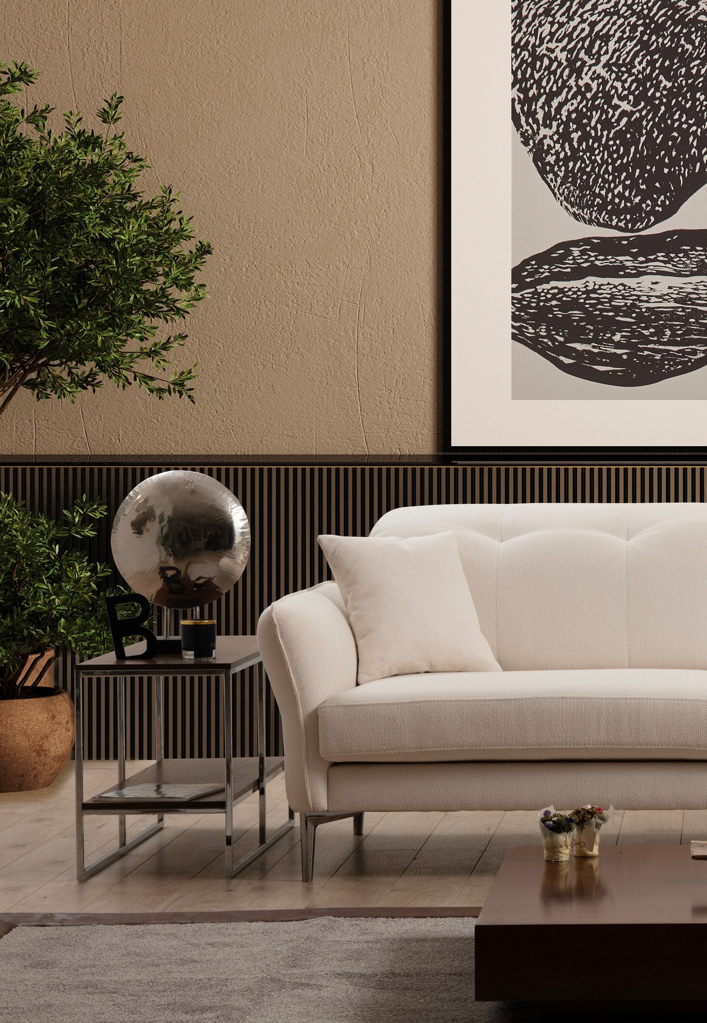 Sofá elegante de 3 lugares, branco, 230 x 100 x 96 cm | Estrutura em madeira de faia e aglomerado, 100% poliéster, almofadas ajustáveis, pés cromados | Perfeito para salas de estar modernas