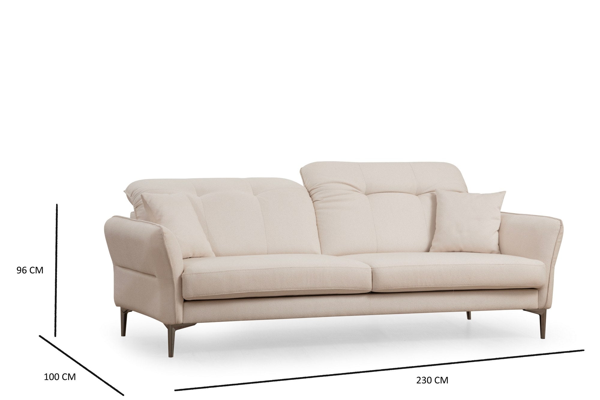 Sofá elegante de 3 lugares, branco, 230 x 100 x 96 cm | Estrutura em madeira de faia e aglomerado, 100% poliéster, almofadas ajustáveis, pés cromados | Perfeito para salas de estar modernas