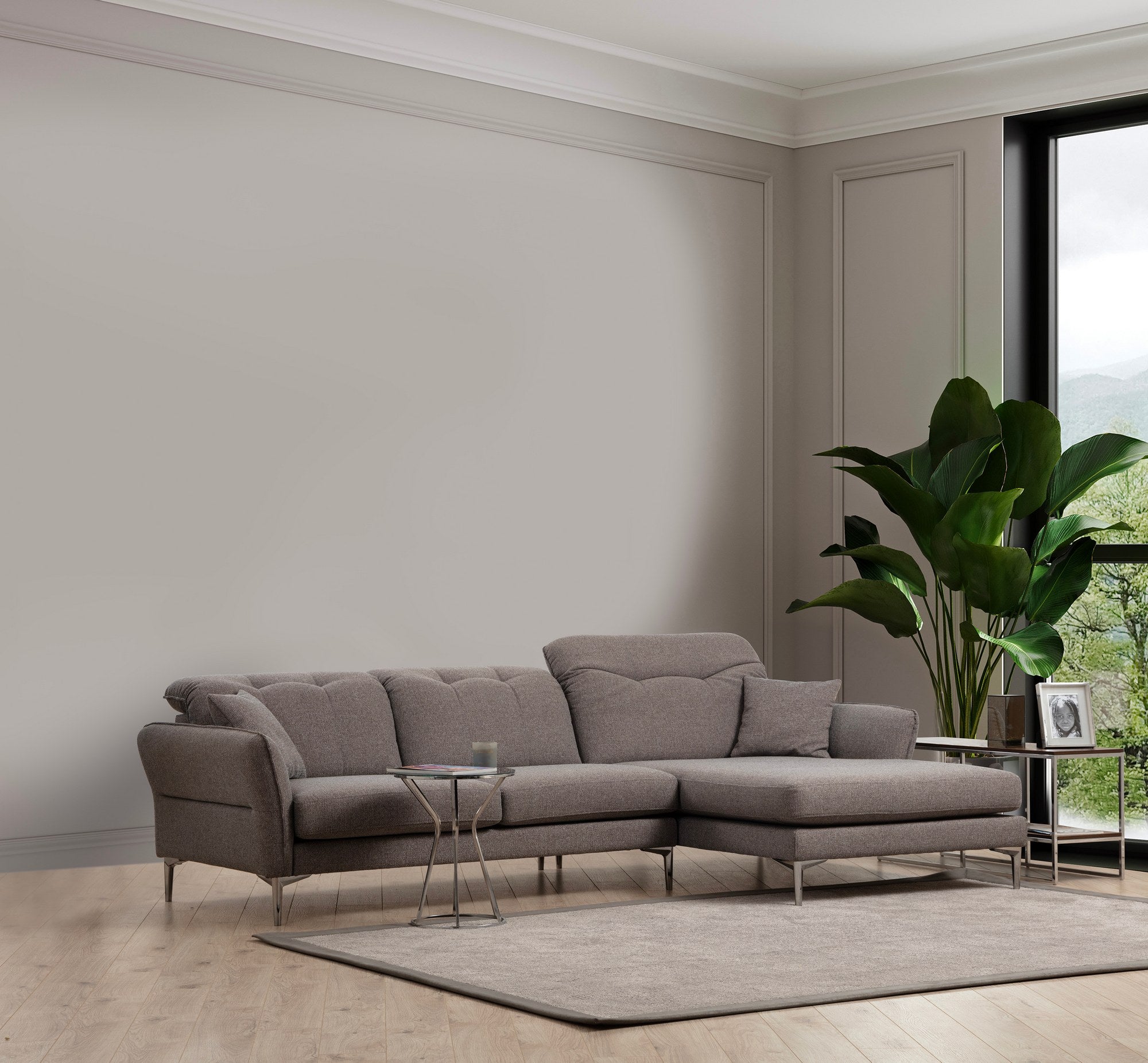 Sofá de canto elegante, cinza, 290 x 180 x 96 cm | Estrutura em madeira de faia e aglomerado, 100% poliéster, almofadas ajustáveis, pernas cromadas | Perfeito para espaços modernos