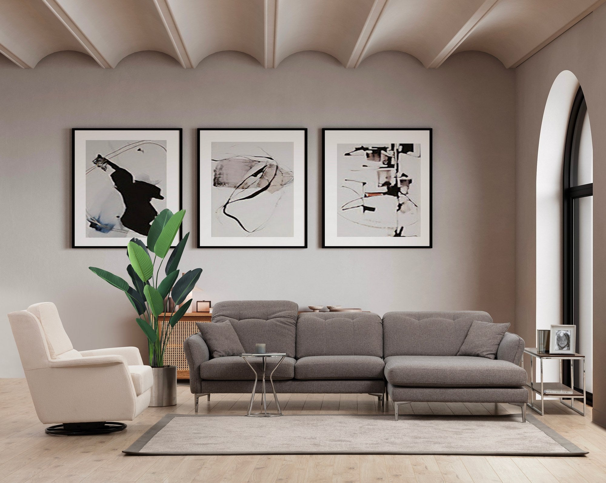 Sofá de canto elegante, cinza, 290 x 180 x 96 cm | Estrutura em madeira de faia e aglomerado, 100% poliéster, almofadas ajustáveis, pernas cromadas | Perfeito para espaços modernos