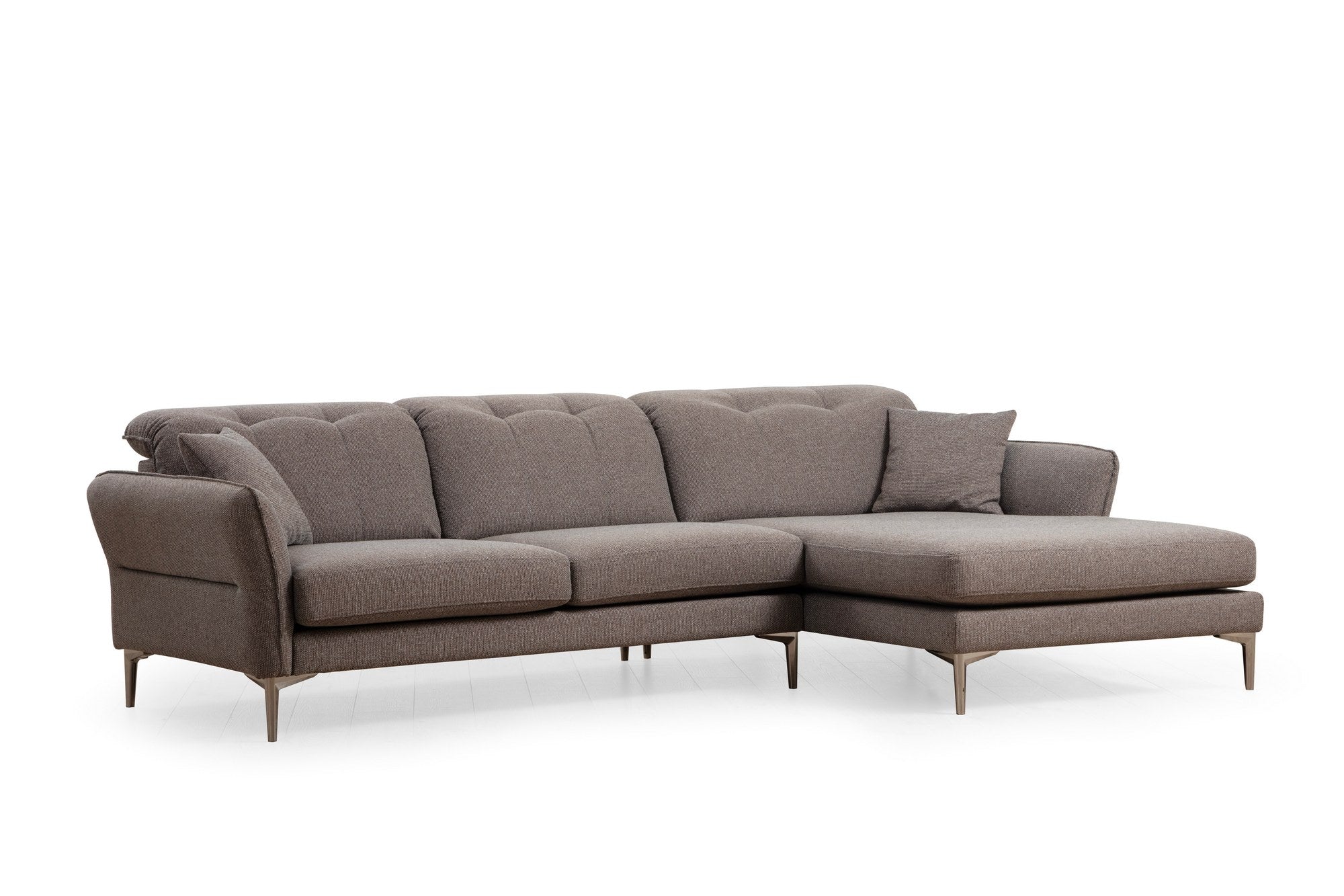 Sofá de canto elegante, cinza, 290 x 180 x 96 cm | Estrutura em madeira de faia e aglomerado, 100% poliéster, almofadas ajustáveis, pernas cromadas | Perfeito para espaços modernos