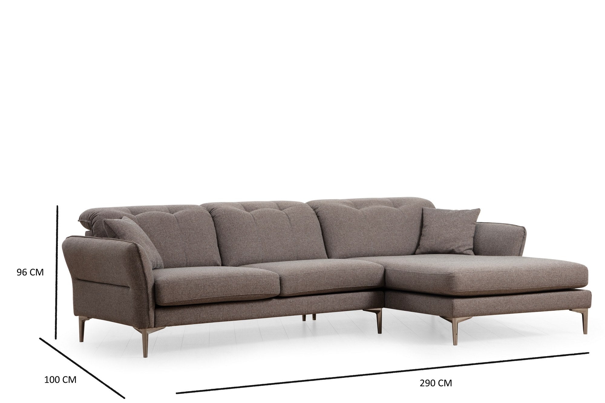 Sofá de canto elegante, cinza, 290 x 180 x 96 cm | Estrutura em madeira de faia e aglomerado, 100% poliéster, almofadas ajustáveis, pernas cromadas | Perfeito para espaços modernos