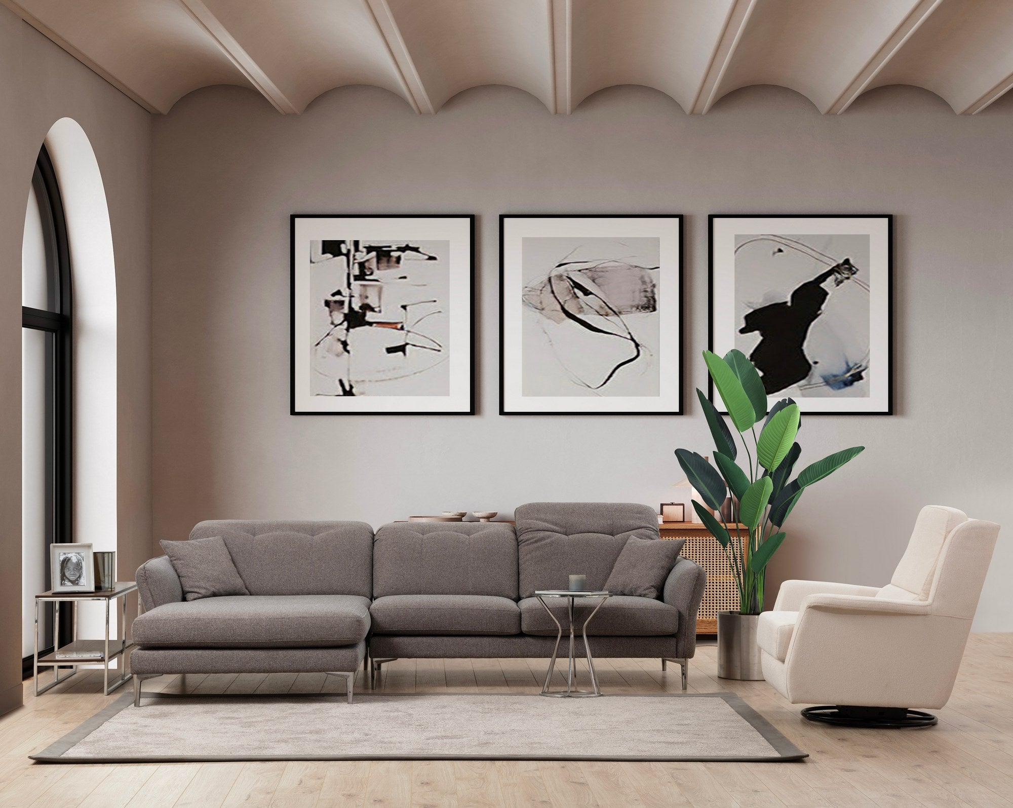 Sofá de canto elegante, cinza, 290 x 180 x 96 cm | Estrutura em madeira de faia e aglomerado, 100% poliéster, almofadas ajustáveis, pernas cromadas | Perfeito para espaços modernos