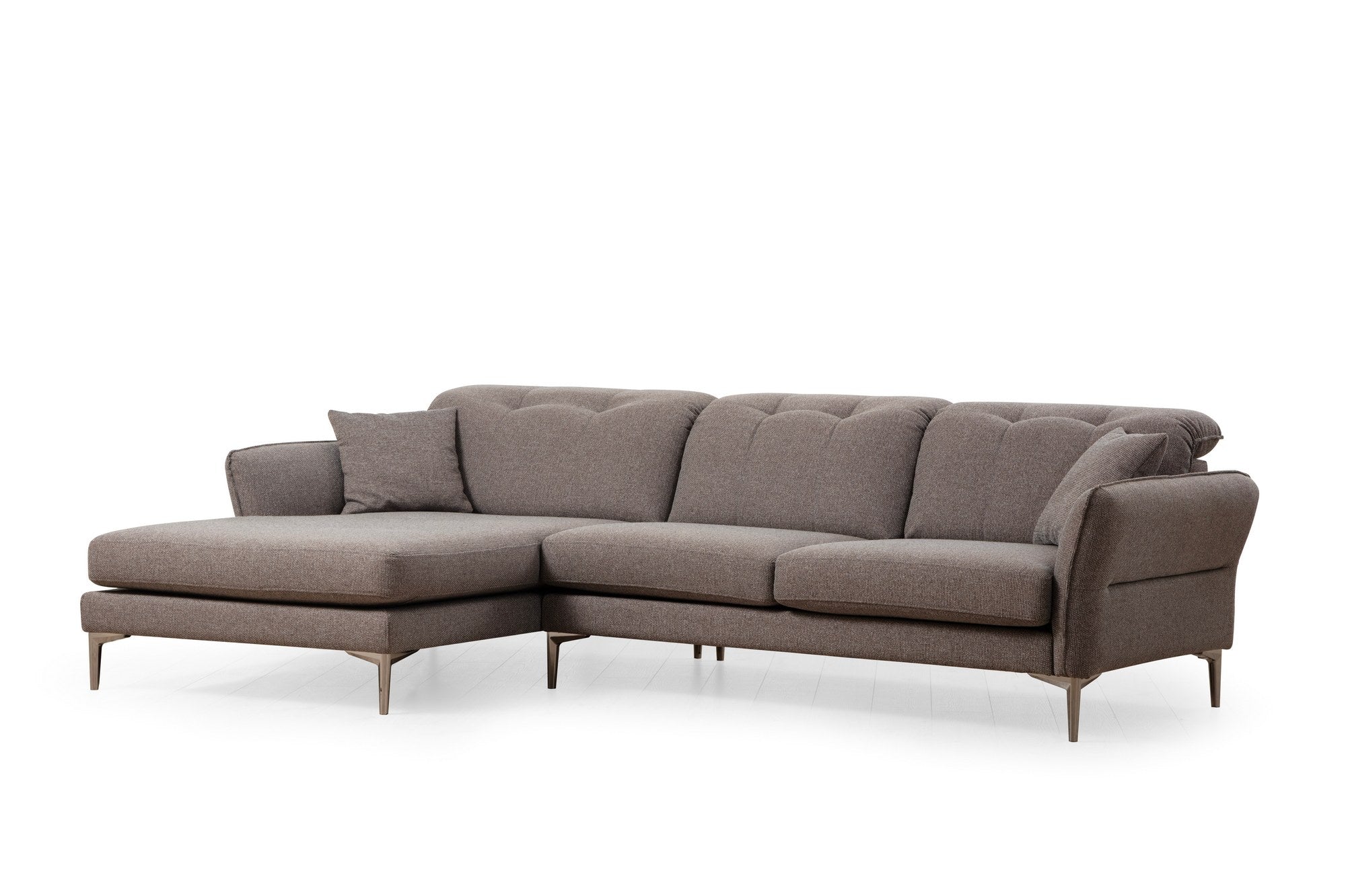 Sofá de canto elegante, cinza, 290 x 180 x 96 cm | Estrutura em madeira de faia e aglomerado, 100% poliéster, almofadas ajustáveis, pernas cromadas | Perfeito para espaços modernos