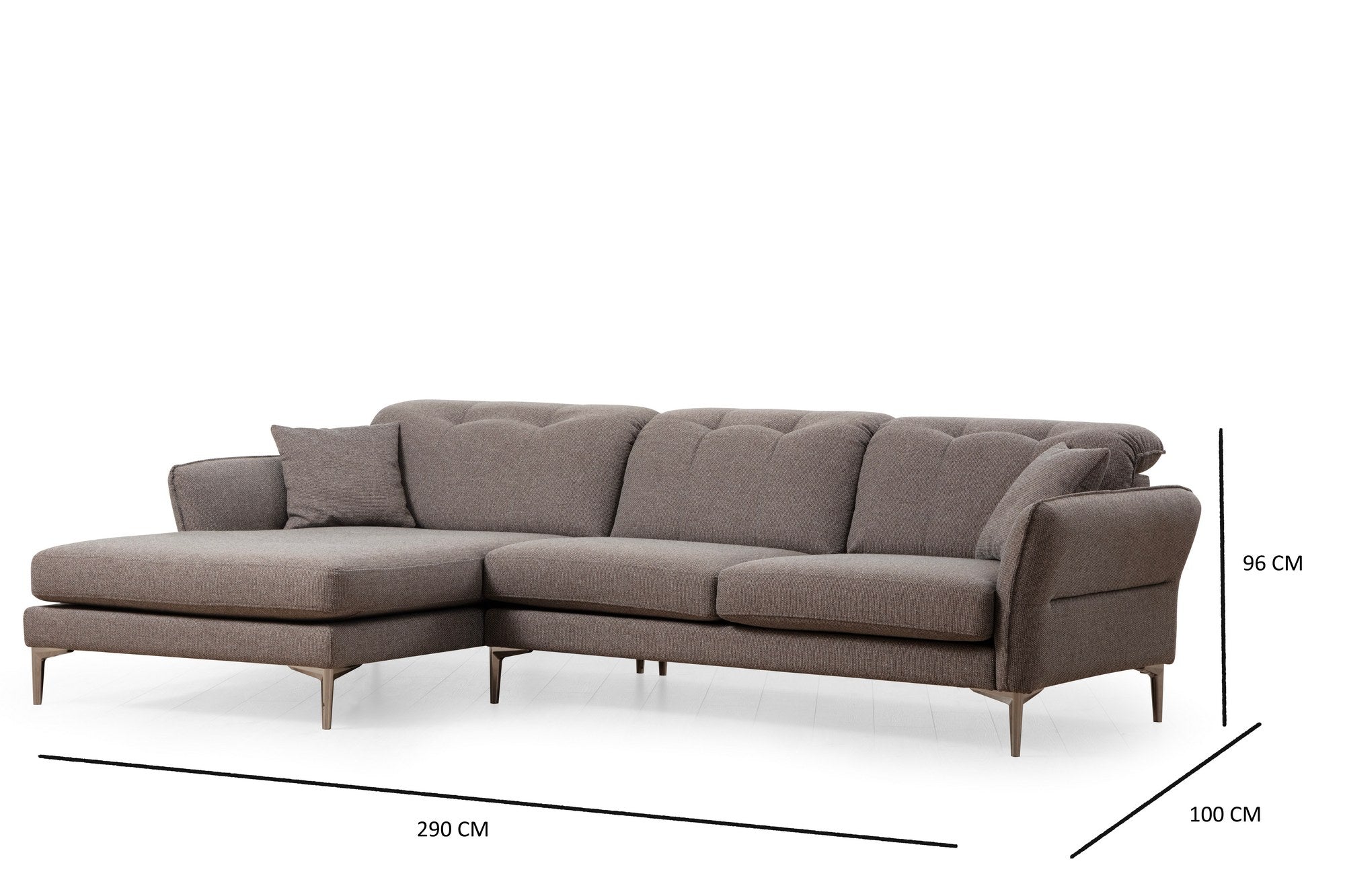 Sofá de canto elegante, cinza, 290 x 180 x 96 cm | Estrutura em madeira de faia e aglomerado, 100% poliéster, almofadas ajustáveis, pernas cromadas | Perfeito para espaços modernos
