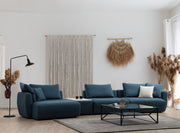Sofá de canto elegante, azul, 425 x 127 x 65 cm | Estrutura em madeira de faia e aglomerado, 100% poliéster, espuma 28 DNS | Almofada de encosto portátil, tecido lavável a seco