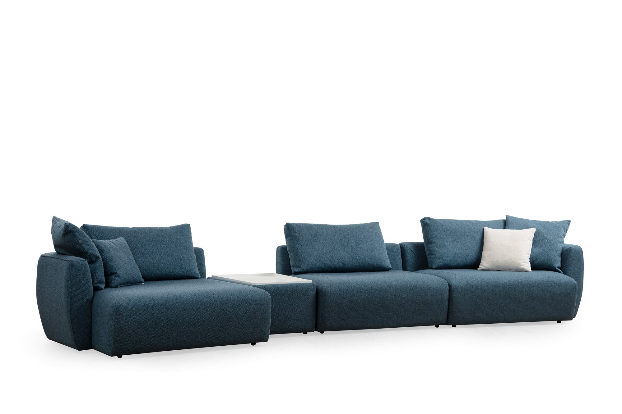Sofá de canto elegante, azul, 425 x 127 x 65 cm | Estrutura em madeira de faia e aglomerado, 100% poliéster, espuma 28 DNS | Almofada de encosto portátil, tecido lavável a seco