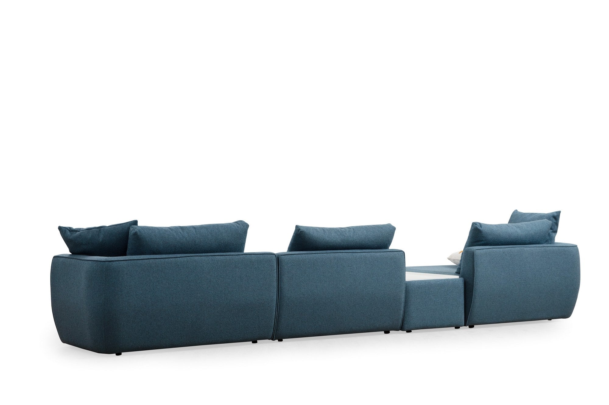 Sofá de canto elegante, azul, 425 x 127 x 65 cm | Estrutura em madeira de faia e aglomerado, 100% poliéster, espuma 28 DNS | Almofada de encosto portátil, tecido lavável a seco