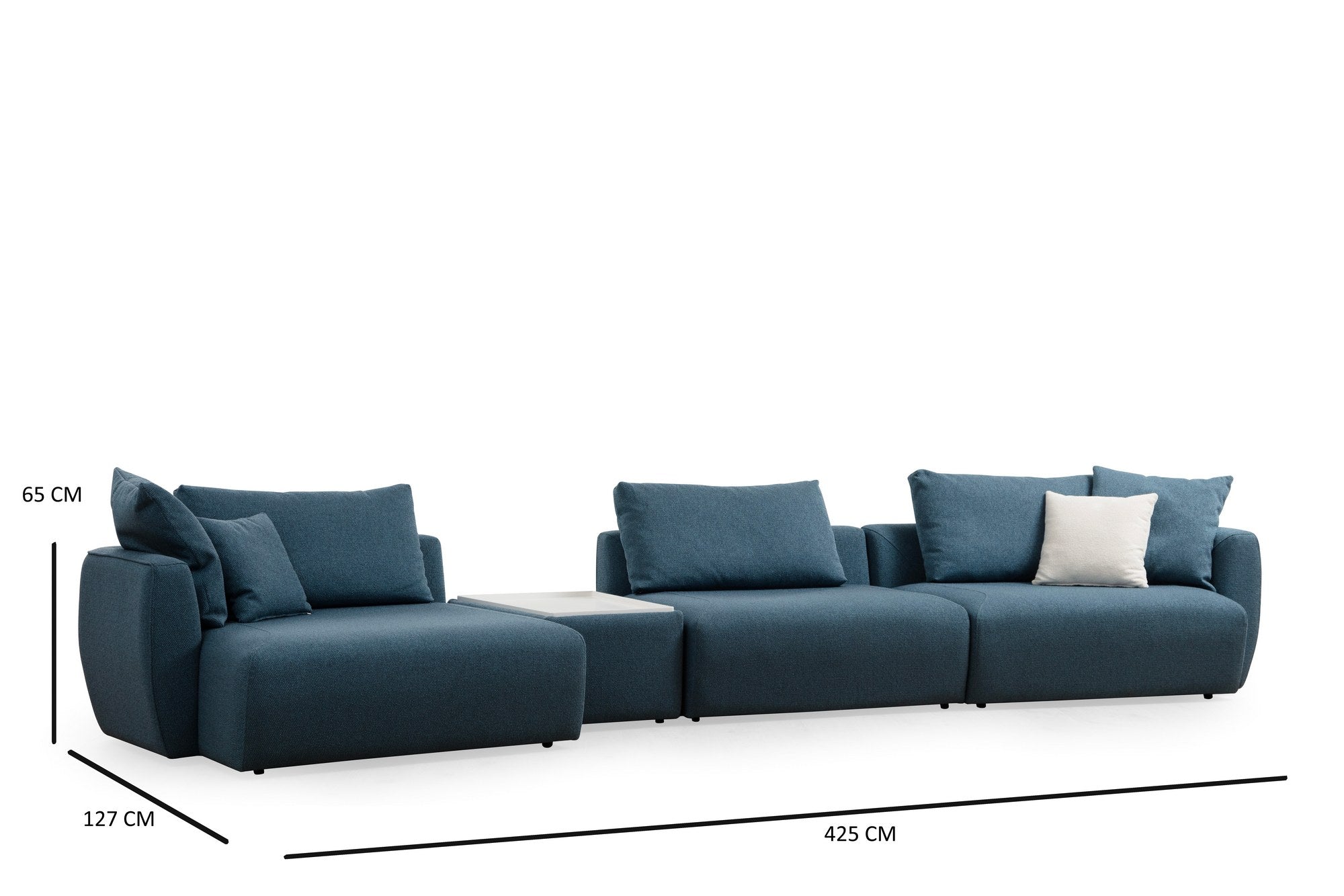 Sofá de canto elegante, azul, 425 x 127 x 65 cm | Estrutura em madeira de faia e aglomerado, 100% poliéster, espuma 28 DNS | Almofada de encosto portátil, tecido lavável a seco
