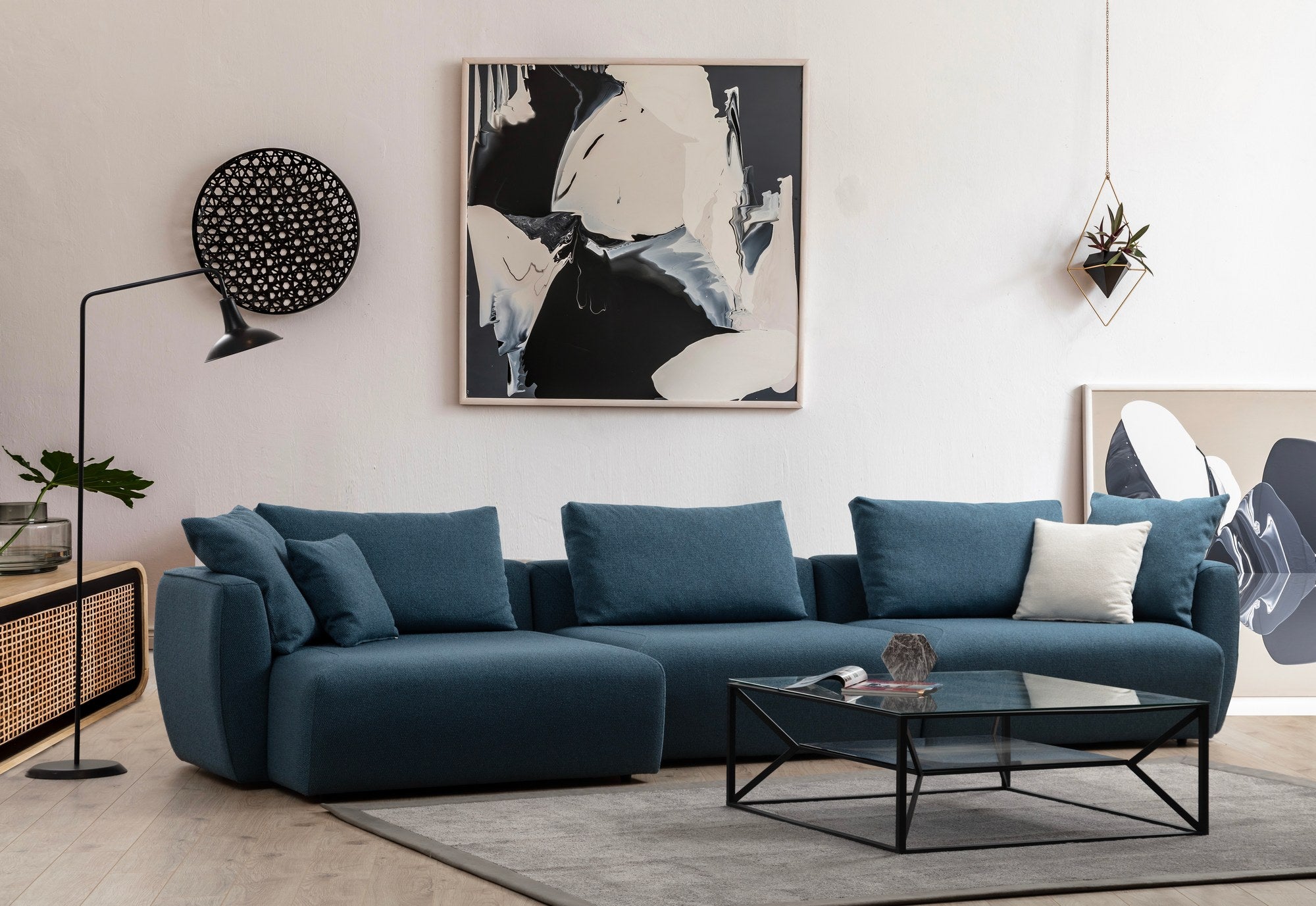 Sofá de canto elegante, azul, 365 x 127 x 65 cm | Estrutura em madeira de faia e aglomerado, 100% poliéster, espuma 28 DNS | Almofada de encosto portátil, tecido lavável a seco