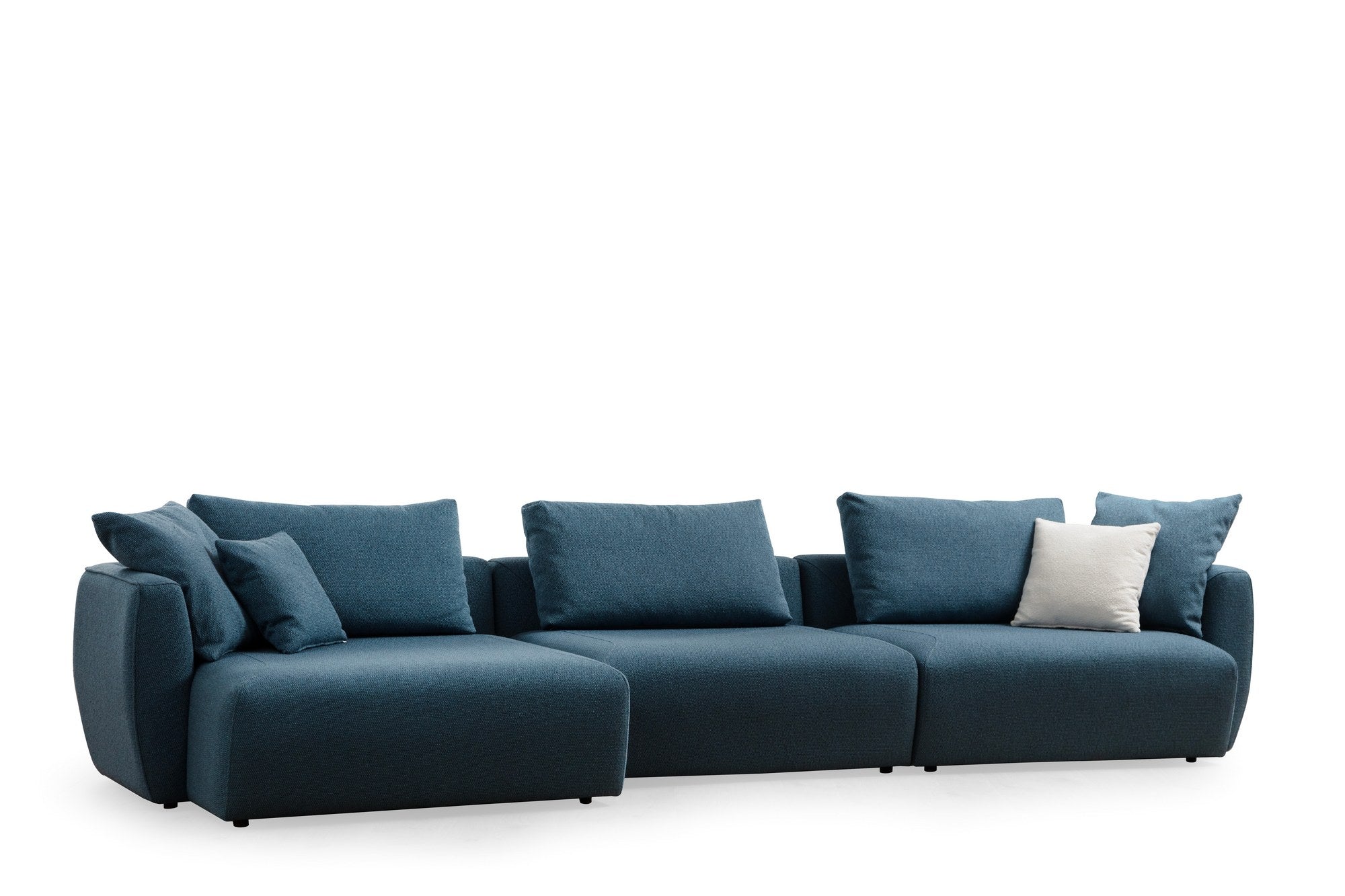 Sofá de canto elegante, azul, 365 x 127 x 65 cm | Estrutura em madeira de faia e aglomerado, 100% poliéster, espuma 28 DNS | Almofada de encosto portátil, tecido lavável a seco