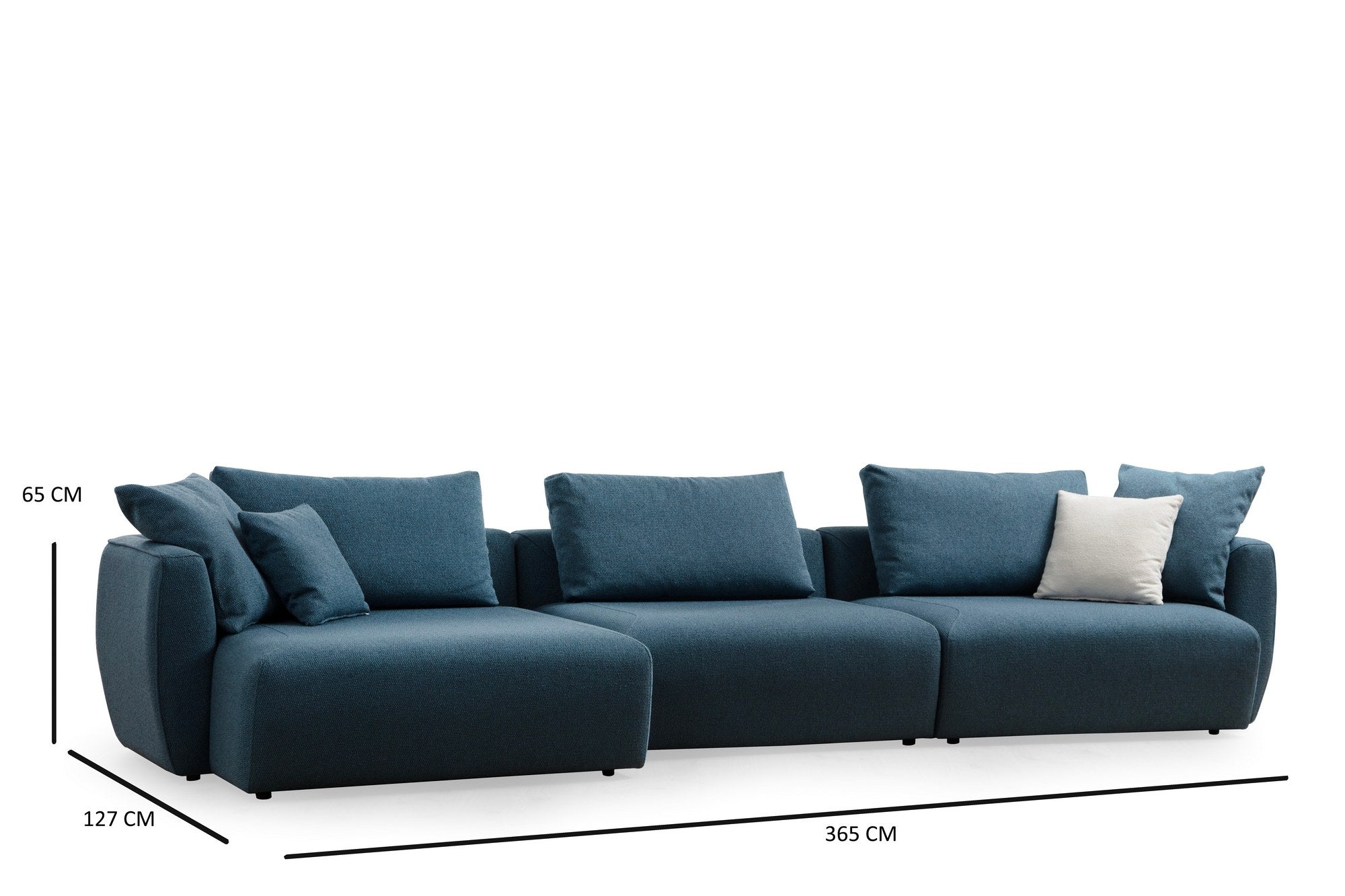 Sofá de canto elegante, azul, 365 x 127 x 65 cm | Estrutura em madeira de faia e aglomerado, 100% poliéster, espuma 28 DNS | Almofada de encosto portátil, tecido lavável a seco