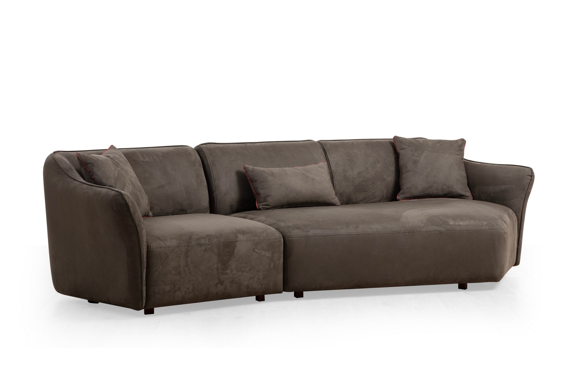 Sofá de canto elegante, marrom, 288 x 108 x 79 cm | Estrutura em madeira de faia e aglomerado, 100% poliéster, espuma 28 DNS | Almofadas fixas, pés de nogueira, lavável a seco