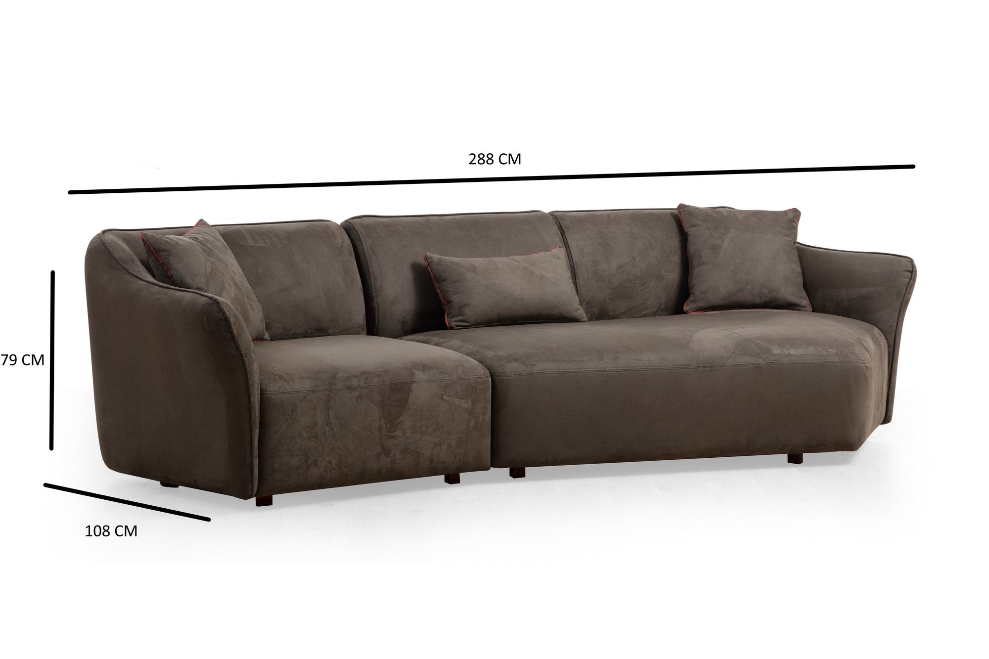 Sofá de canto elegante, marrom, 288 x 108 x 79 cm | Estrutura em madeira de faia e aglomerado, 100% poliéster, espuma 28 DNS | Almofadas fixas, pés de nogueira, lavável a seco