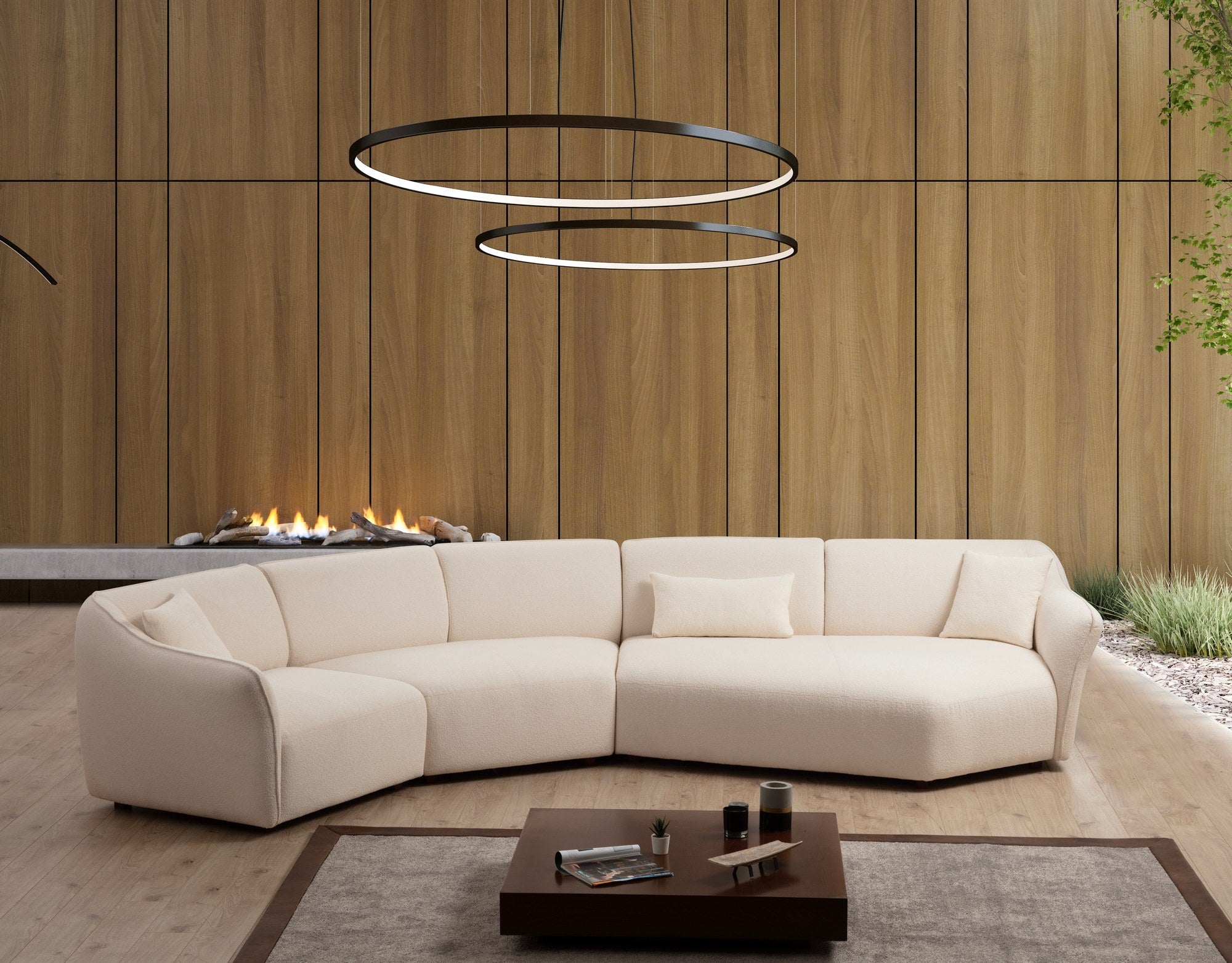 Sofá de canto elegante, cor creme, 360 x 108 x 79 cm | Estrutura em madeira de faia e aglomerado, 100% poliéster, espuma 28 DNS | Elegante e confortável para salas de estar modernas