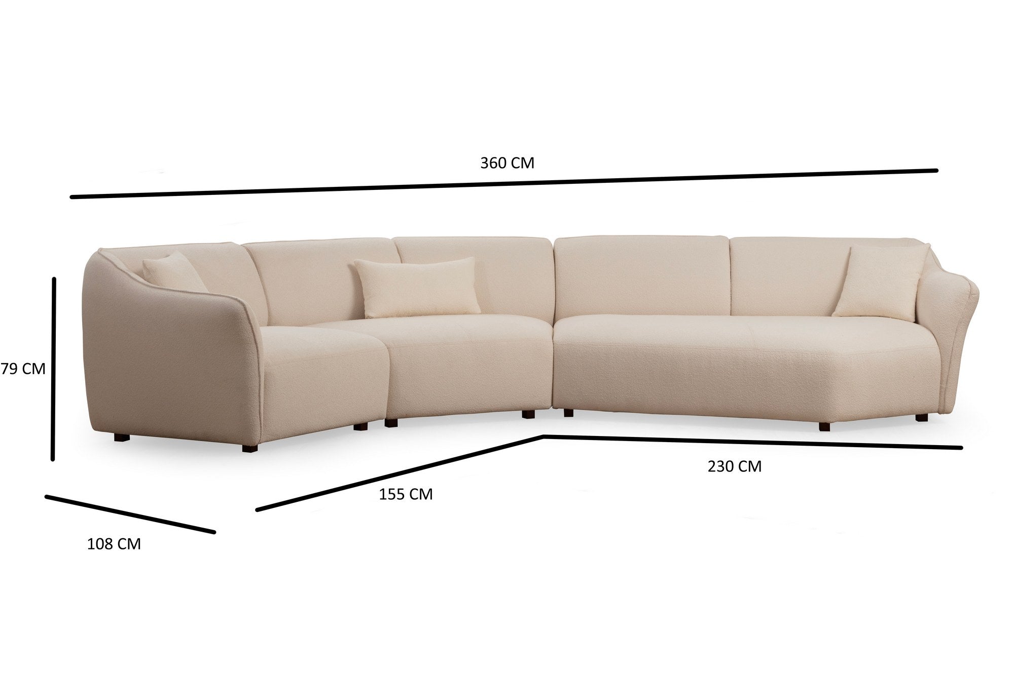 Sofá de canto elegante, cor creme, 360 x 108 x 79 cm | Estrutura em madeira de faia e aglomerado, 100% poliéster, espuma 28 DNS | Elegante e confortável para salas de estar modernas