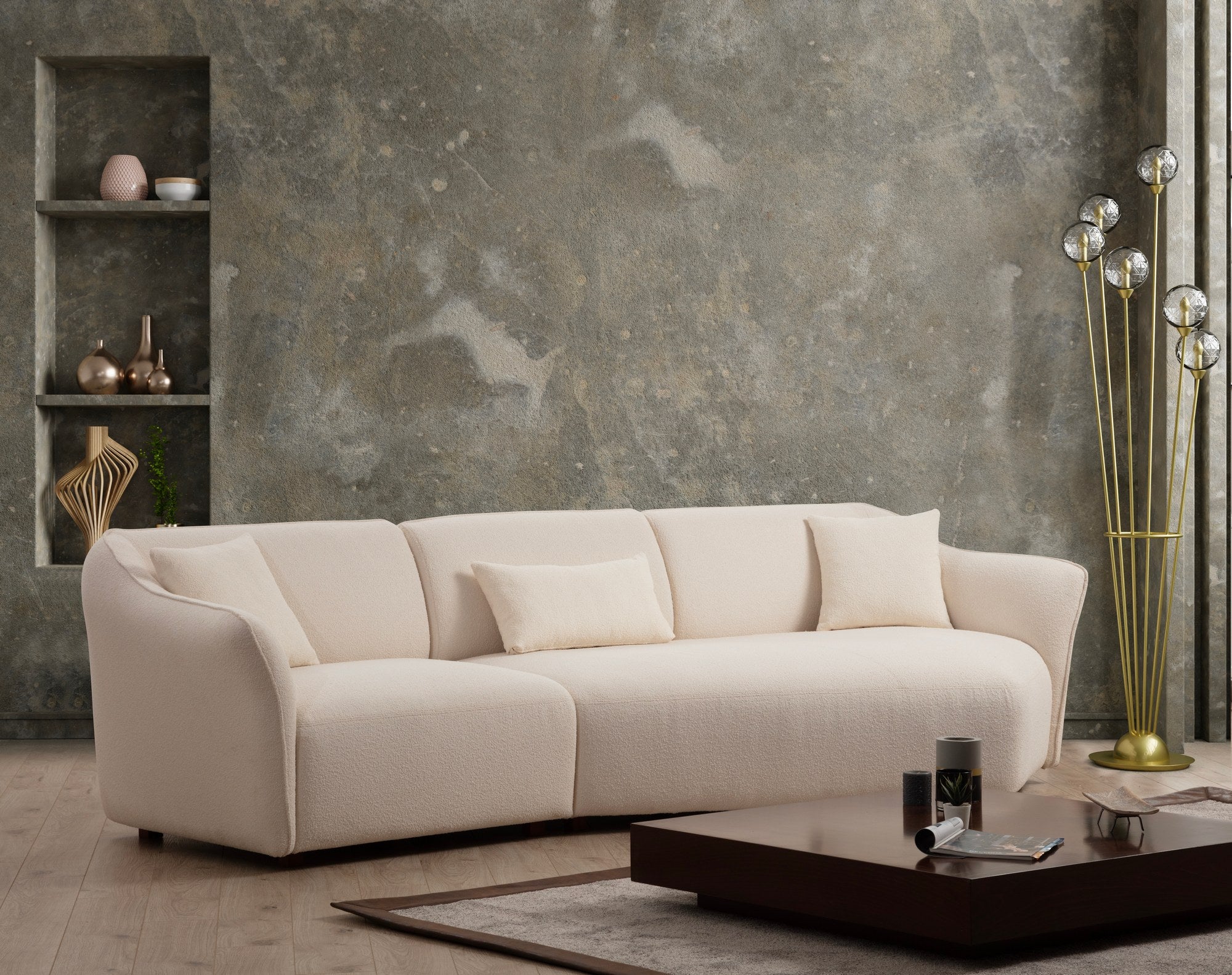Sofá de canto elegante, cor creme, 288 x 108 x 79 cm | Estrutura em madeira de faia e aglomerado, 100% poliéster, espuma 28 DNS | Elegante e confortável para salas de estar modernas